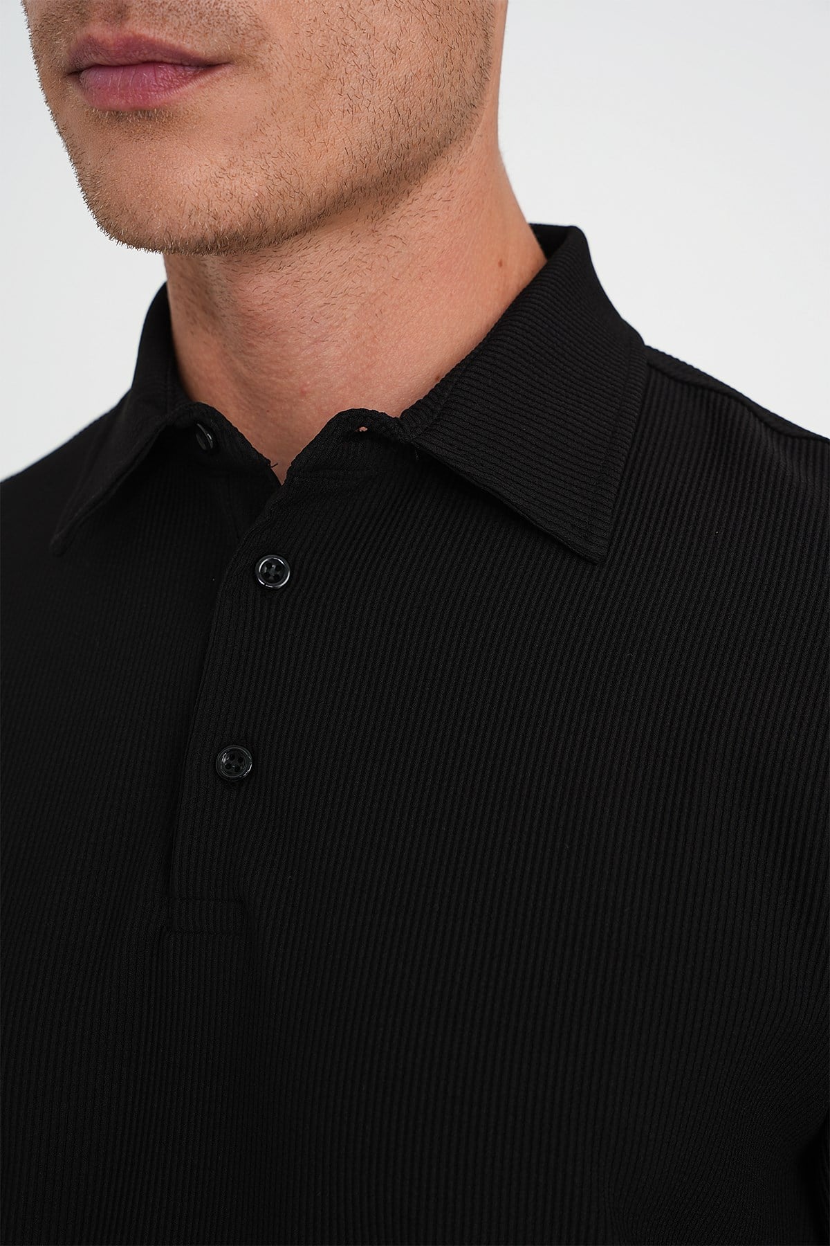 Slim Fit Polo Yaka Fitilli Dokuma Pamuklu Siyah Tişört TS 904