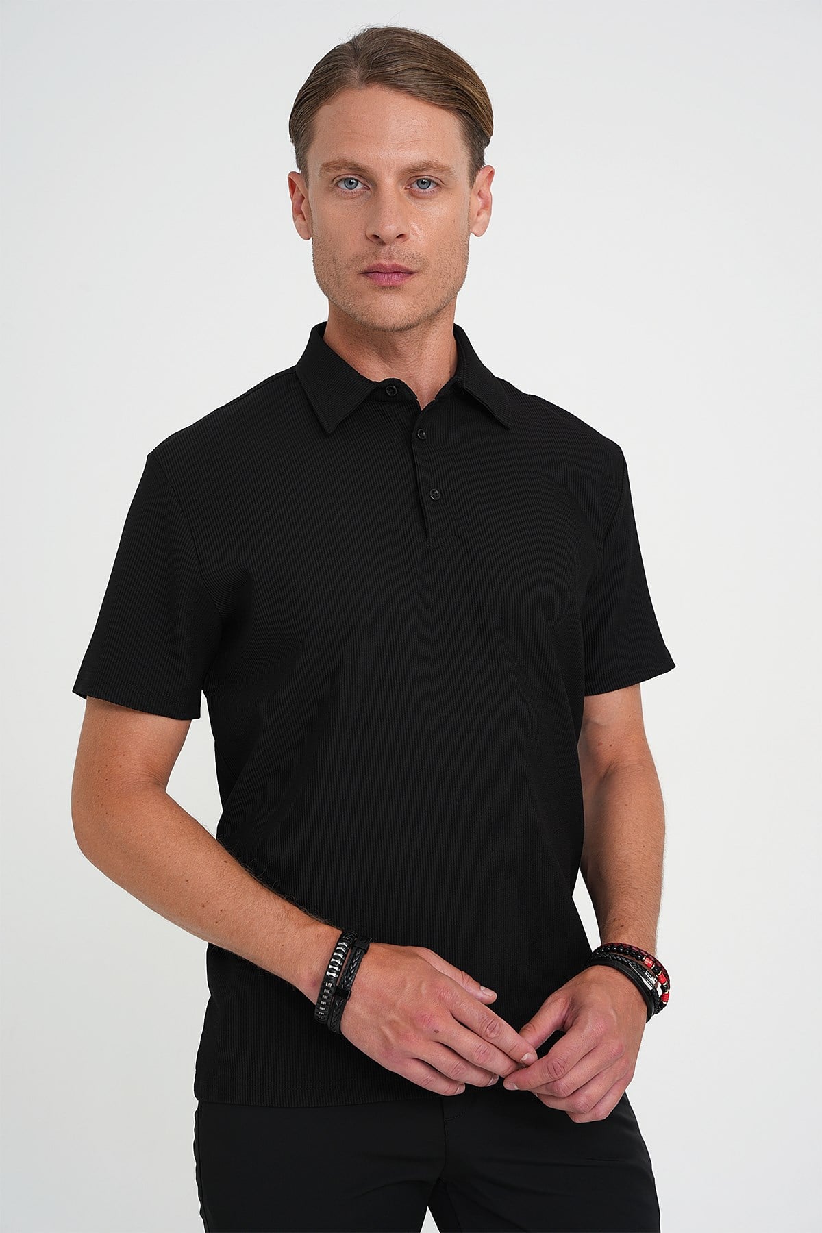 Slim Fit Polo Yaka Fitilli Dokuma Pamuklu Siyah Tişört TS 904