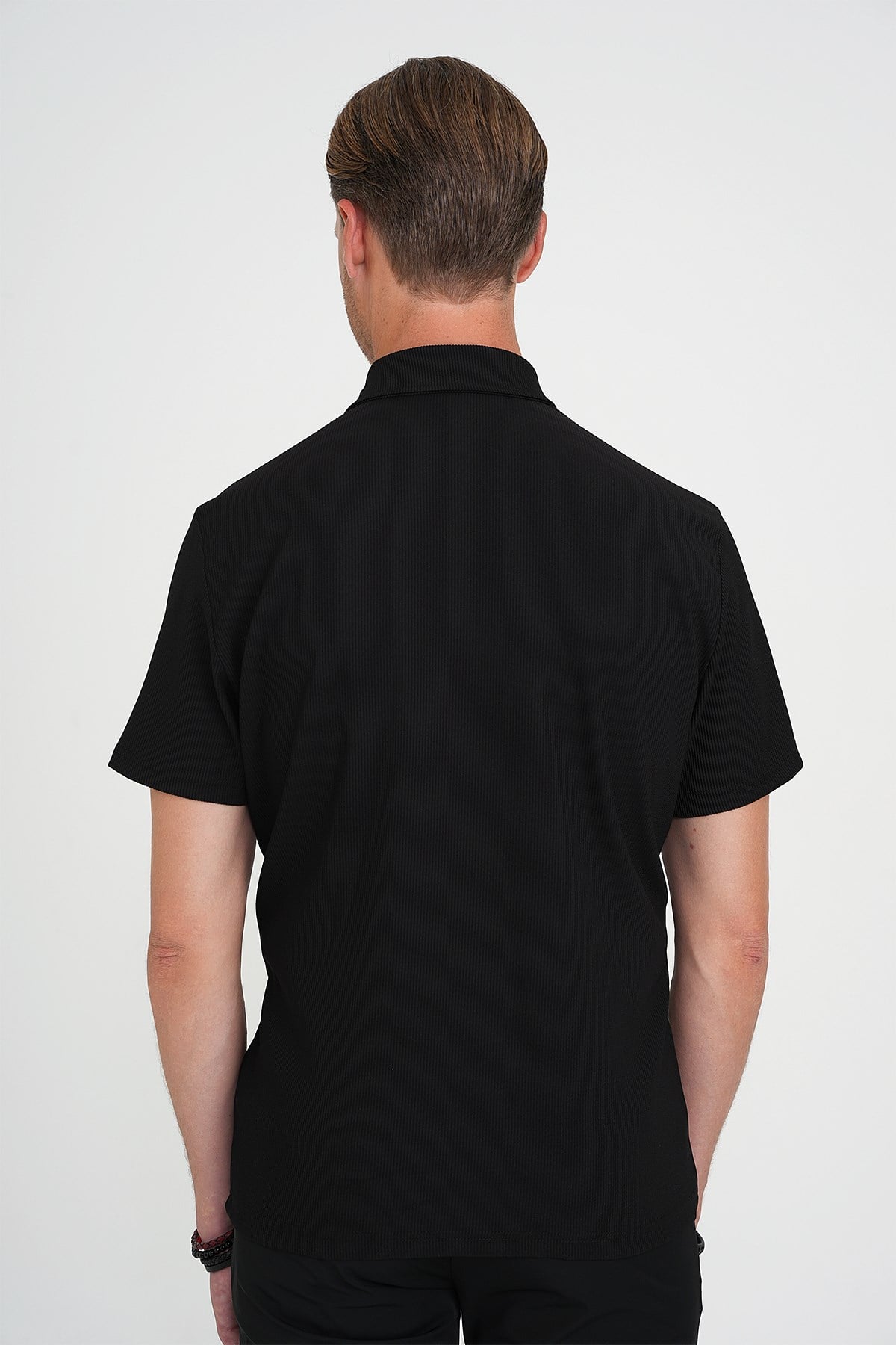 Slim Fit Polo Yaka Fitilli Dokuma Pamuklu Siyah Tişört TS 904