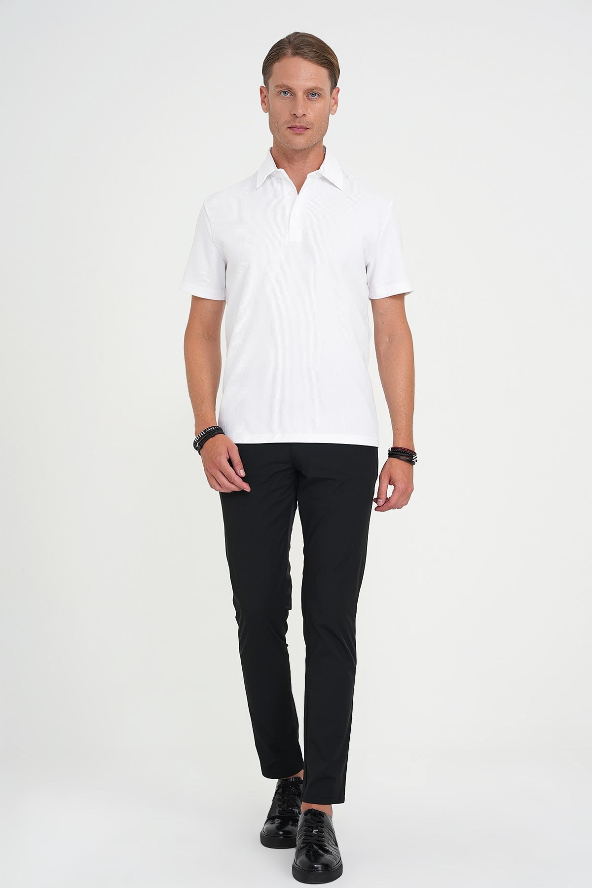 Slim Fit Polo Yaka Fitilli Dokuma Pamuklu Beyaz Tişört TS 904