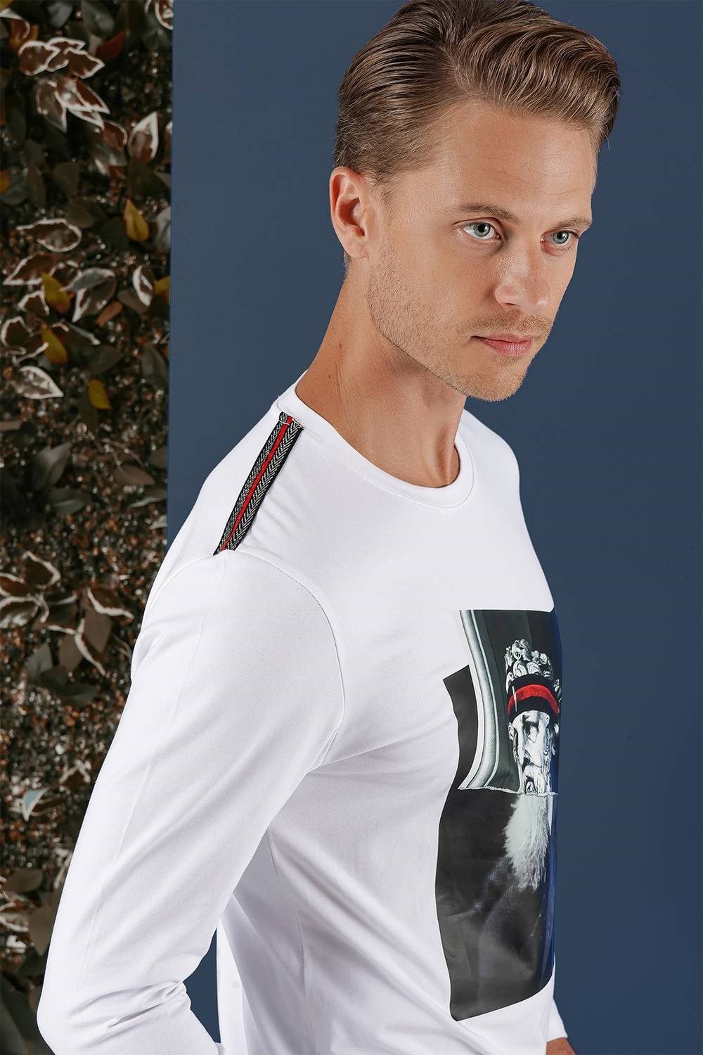 Slim Fit Poseidon Baskılı Pamuklu Uzun Kollu Beyaz Tişört TS 863