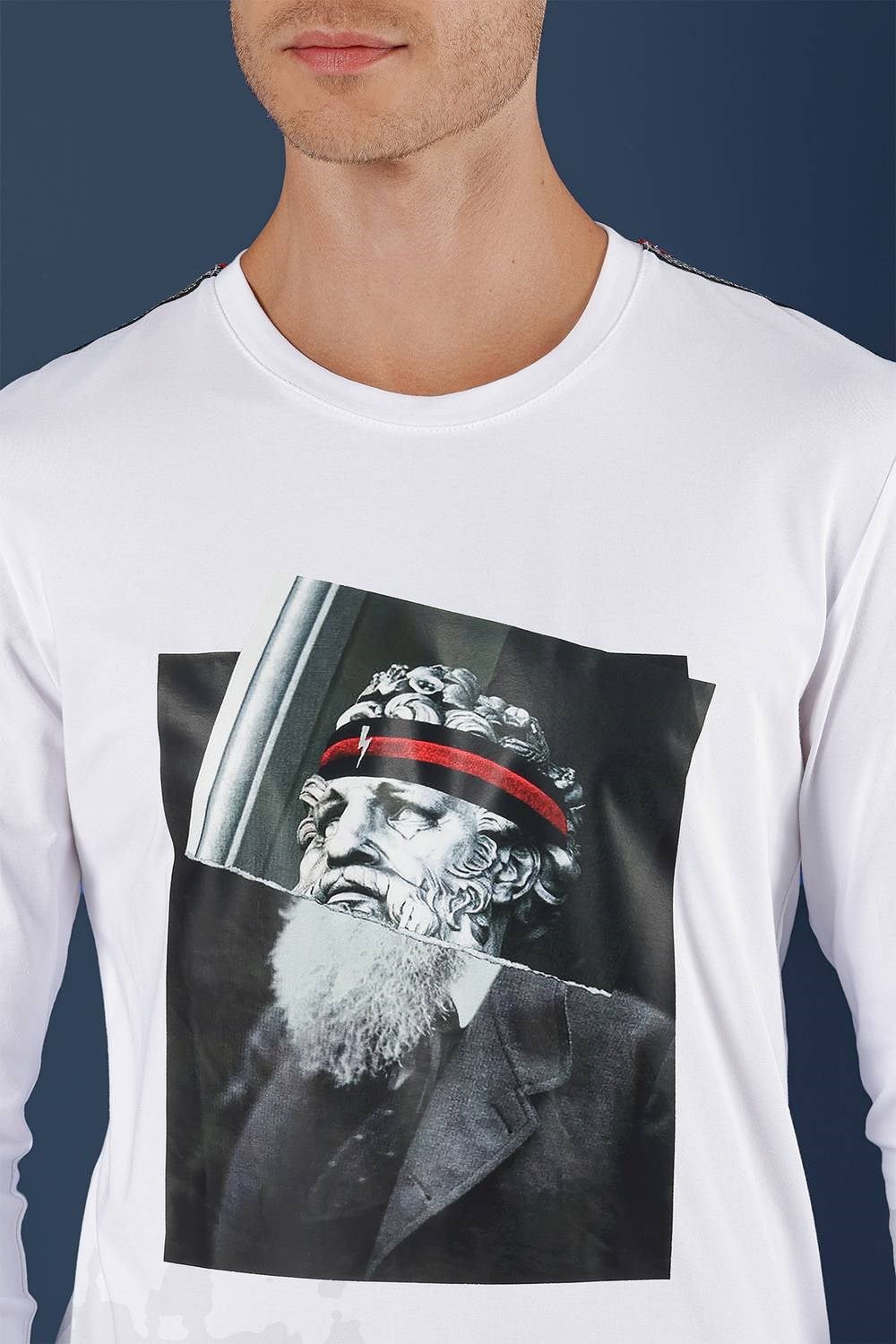 Slim Fit Poseidon Baskılı Pamuklu Uzun Kollu Beyaz Tişört TS 863