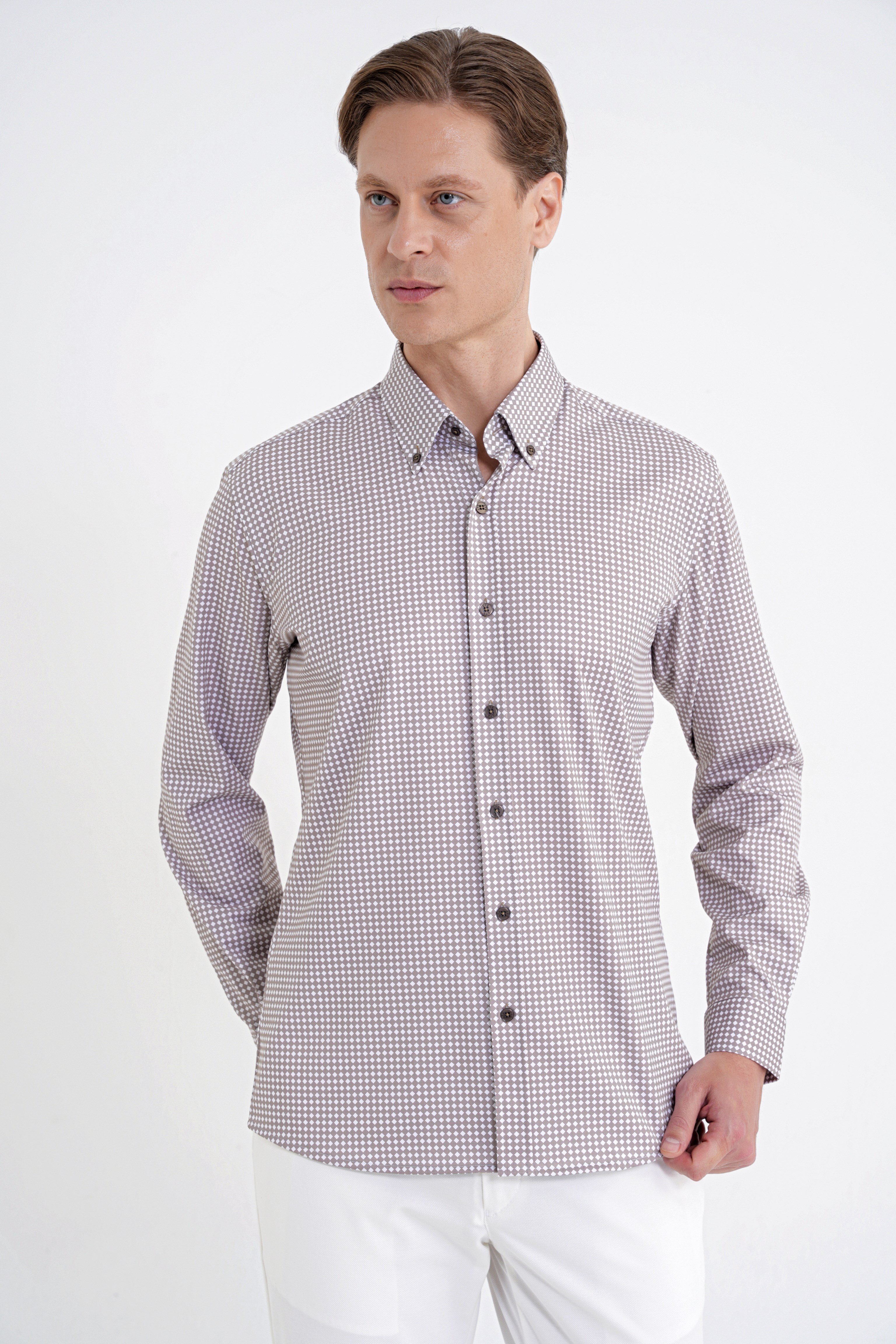 Slim Fit Pötikare Baskılı Pamuklu Yaka Düğmeli Vizon Gömlek G 1604