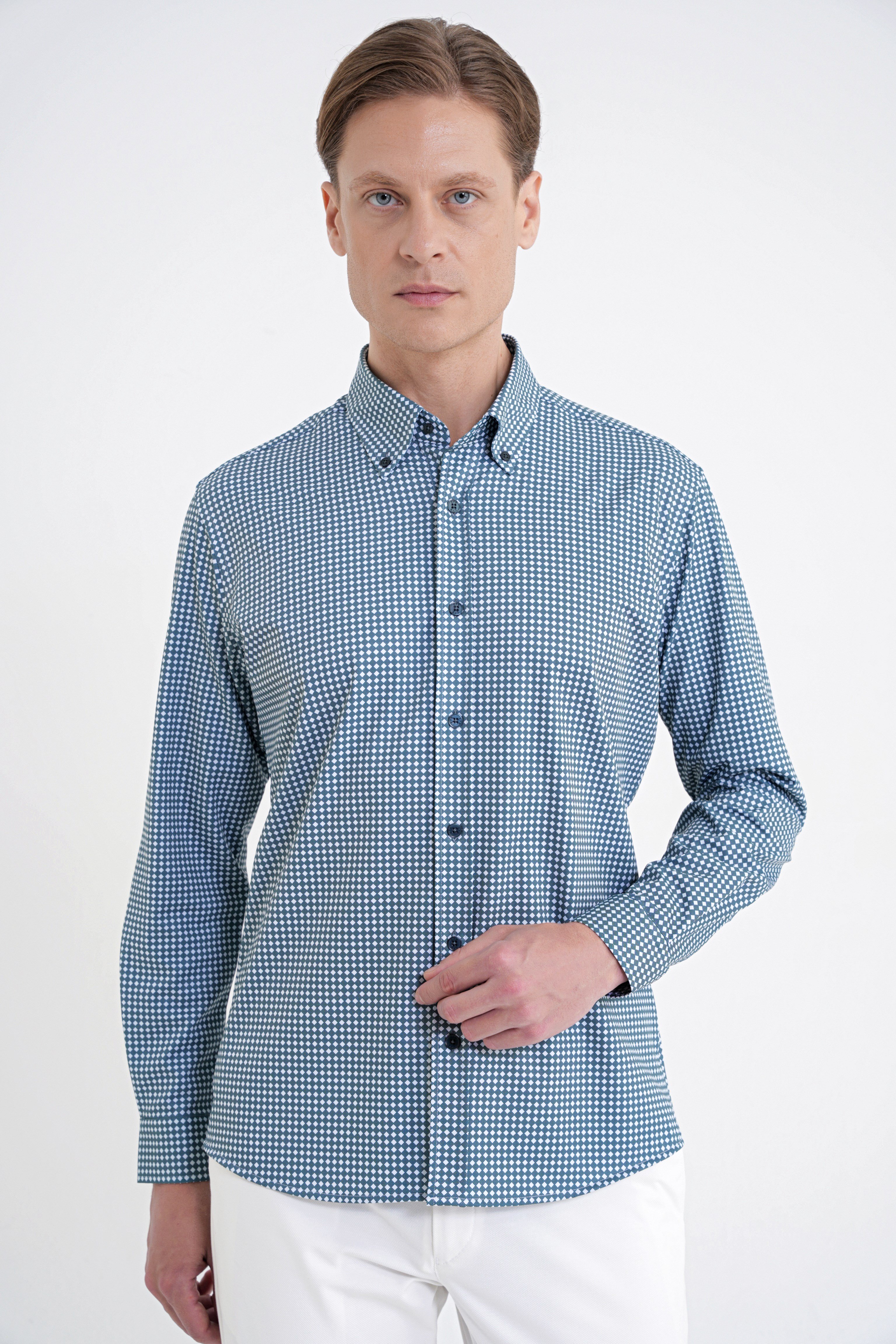 Slim Fit Pötikare Baskılı Pamuklu Yaka Düğmeli Yeşil Gömlek G 1604