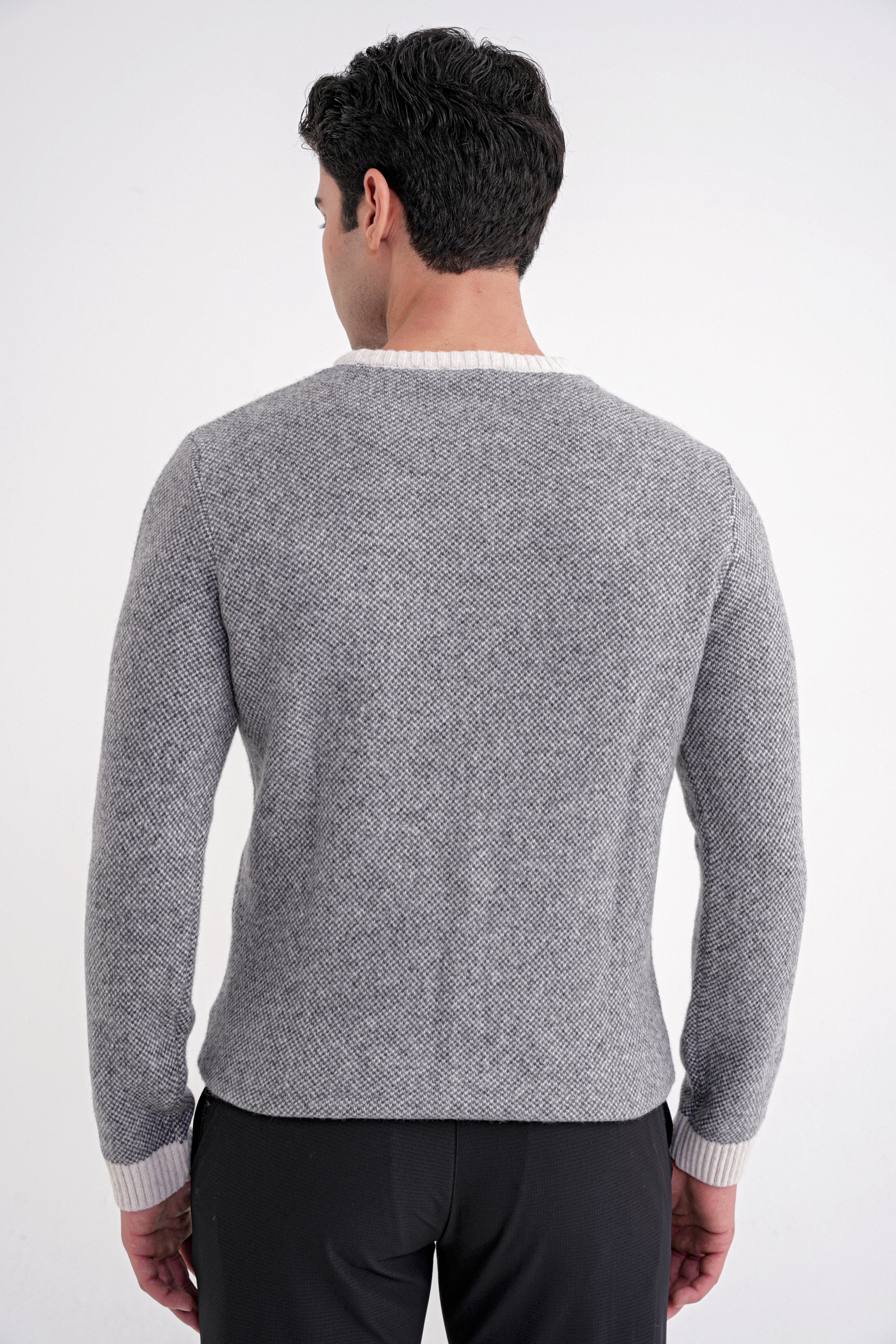 Slim Fit Renkli Ribanalı Ekru Gri Yünlü Bisiklet Yaka Triko Kazak TR 890