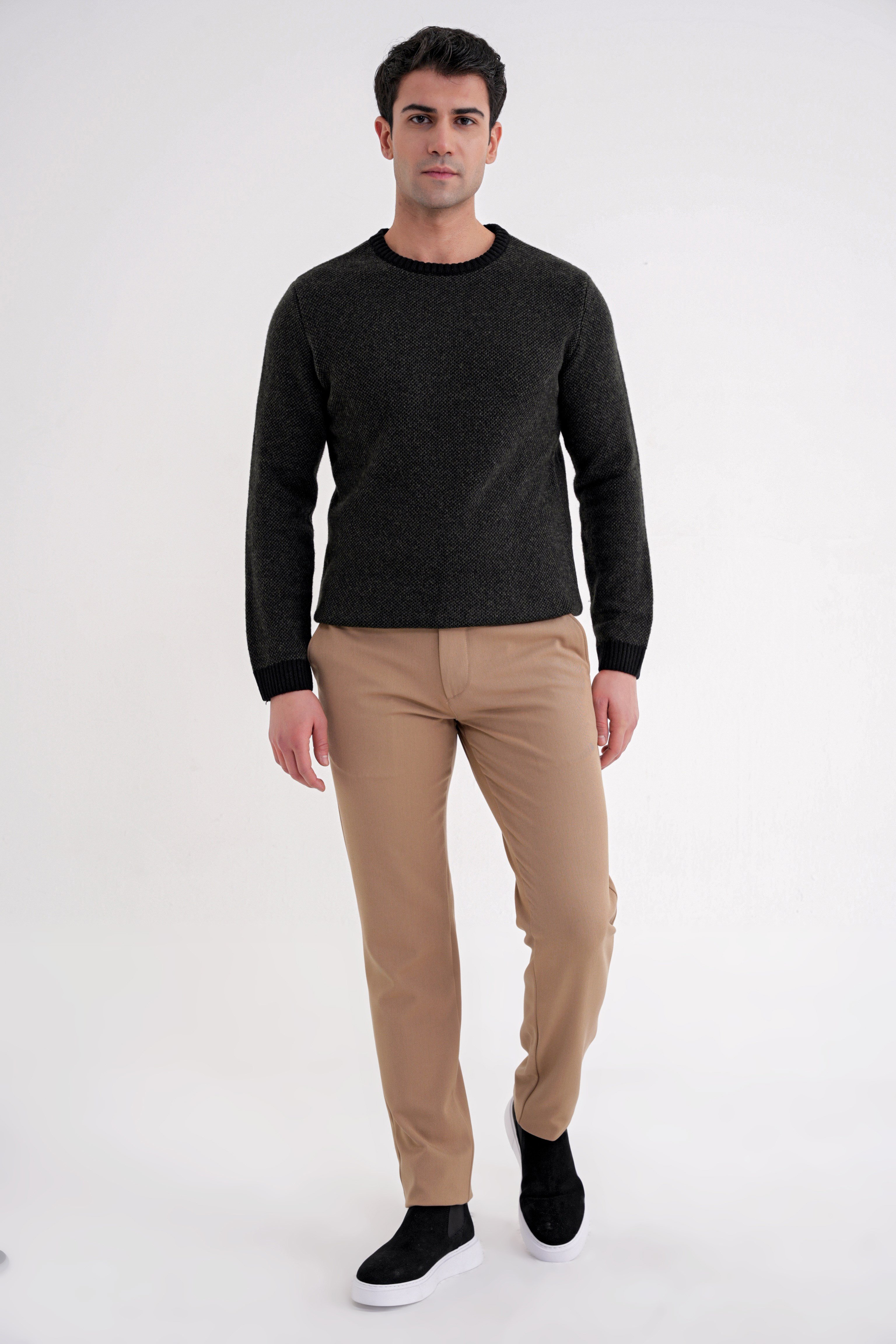 Slim Fit Renkli Ribanalı Siyah Haki Yünlü Bisiklet Yaka Triko Kazak TR 890
