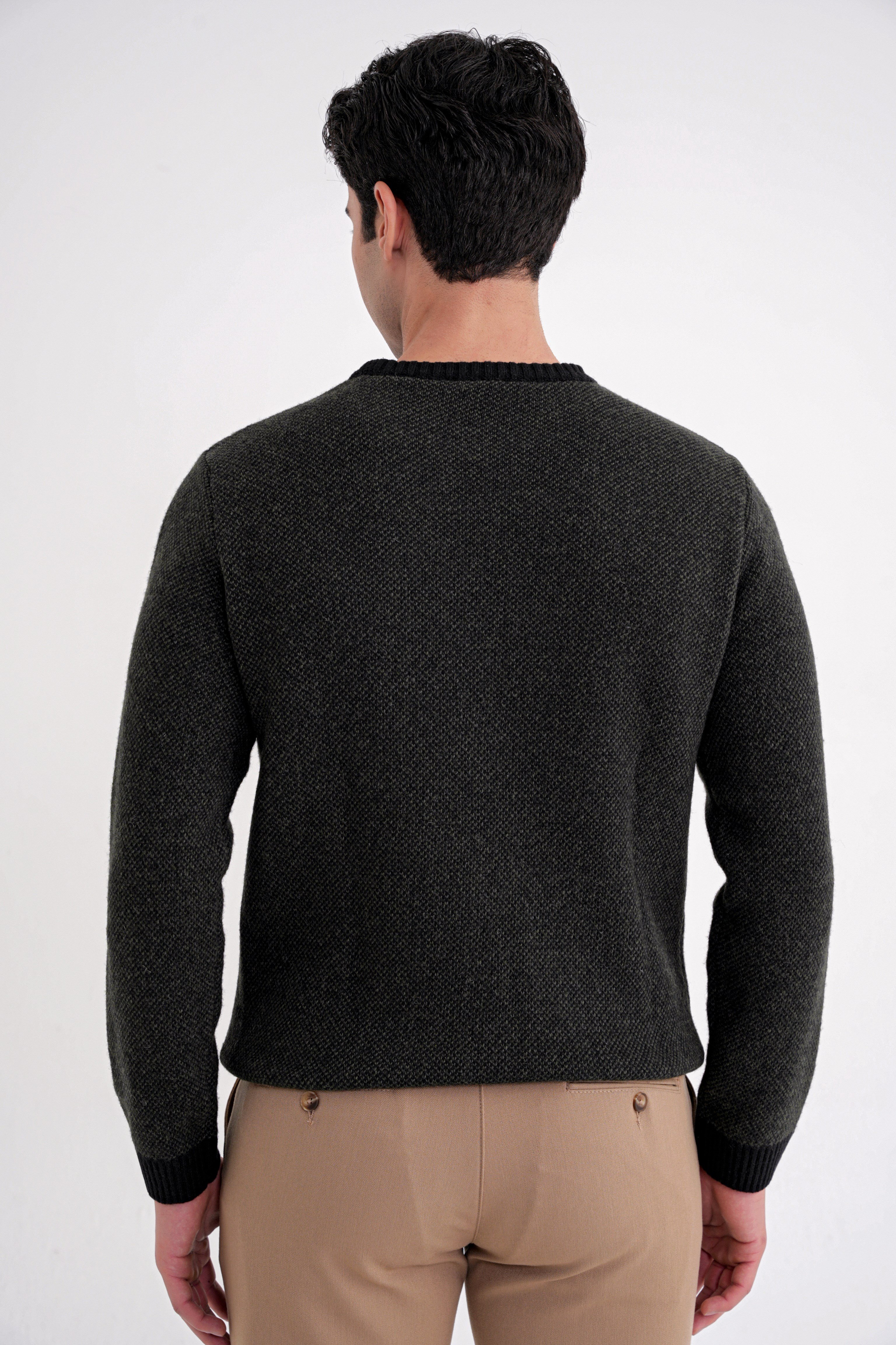 Slim Fit Renkli Ribanalı Siyah Haki Yünlü Bisiklet Yaka Triko Kazak TR 890