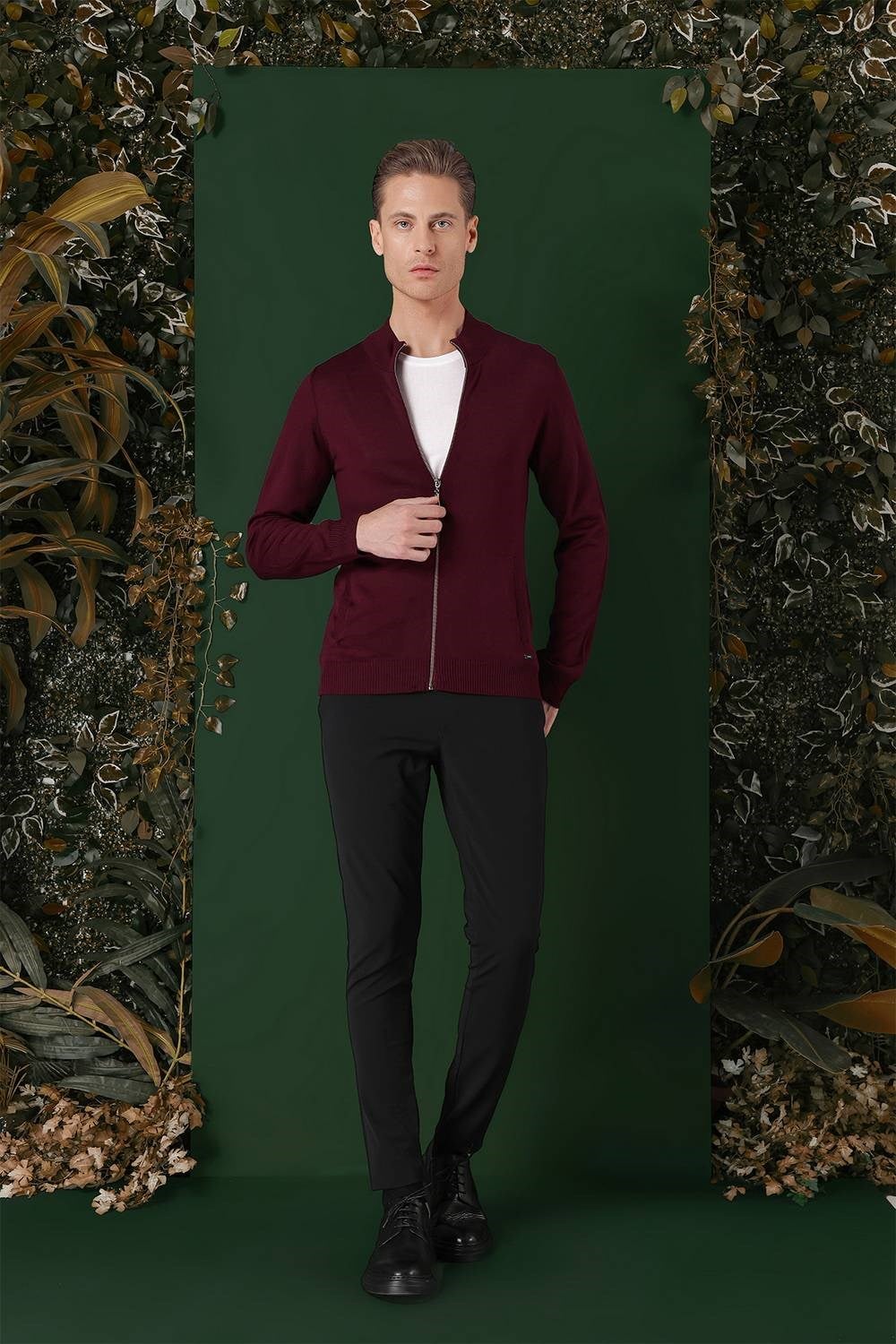 Slim Fit Ribanalı Bordo Yünlü Fermuarlı Hırka Triko Kazak TR 860