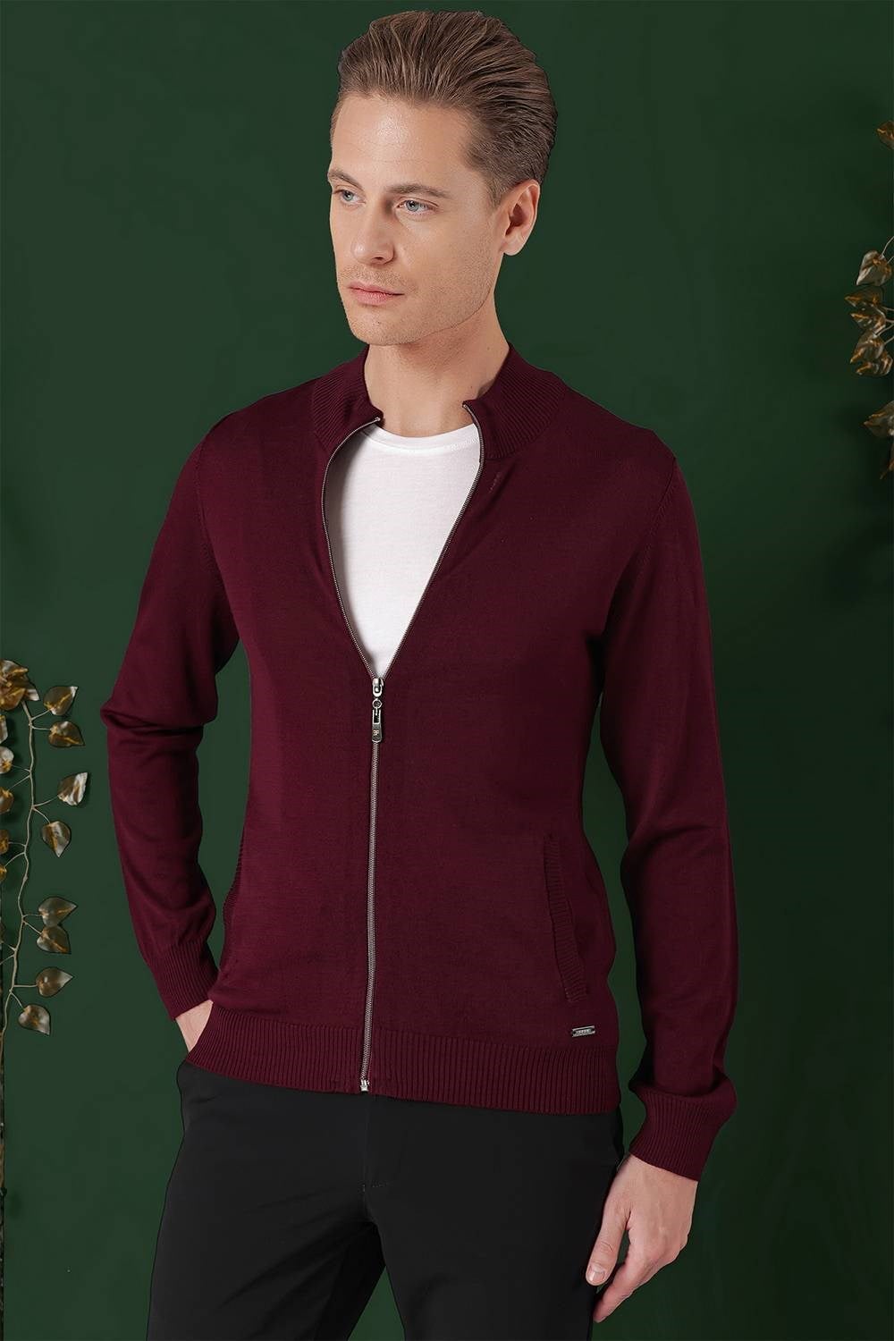 Slim Fit Ribanalı Bordo Yünlü Fermuarlı Hırka Triko Kazak TR 860
