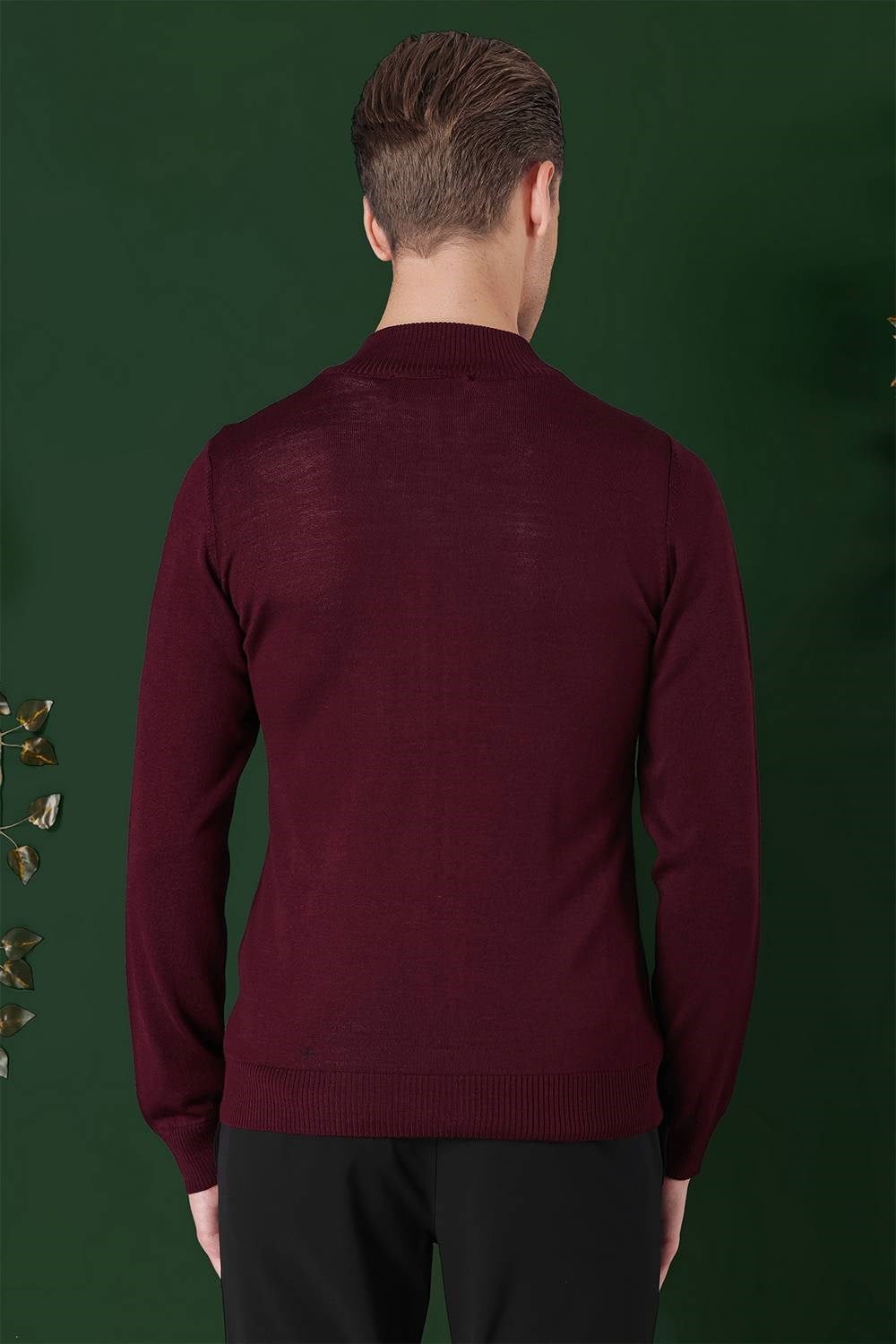 Slim Fit Ribanalı Bordo Yünlü Fermuarlı Hırka Triko Kazak TR 860