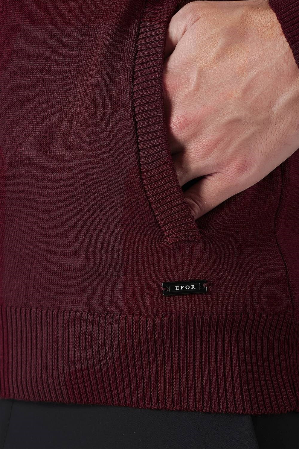 Slim Fit Ribanalı Bordo Yünlü Fermuarlı Hırka Triko Kazak TR 860