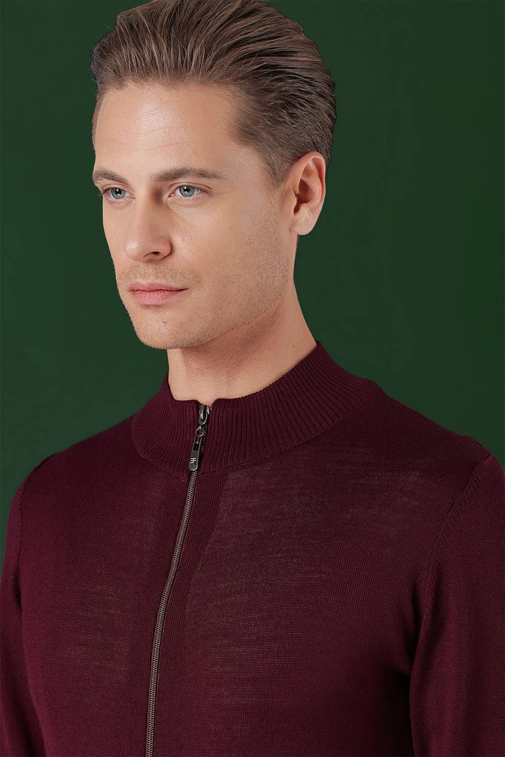 Slim Fit Ribanalı Bordo Yünlü Fermuarlı Hırka Triko Kazak TR 860