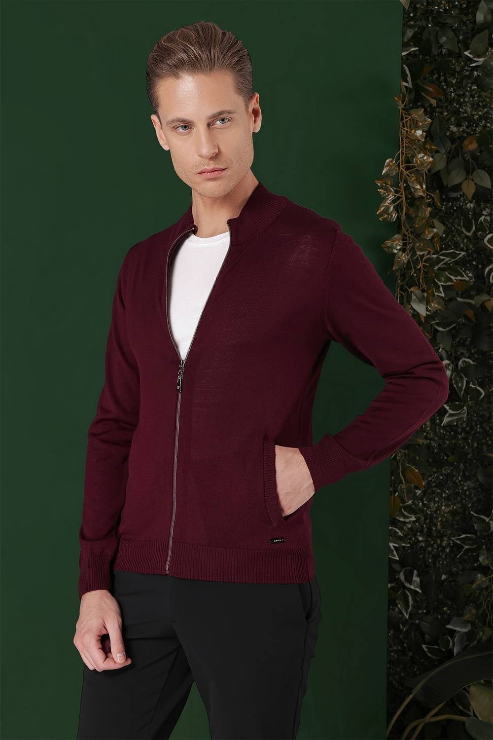 Slim Fit Ribanalı Bordo Yünlü Fermuarlı Hırka Triko Kazak TR 860