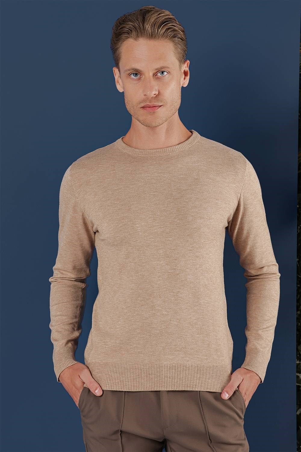 Slim Fit Ribanalı Düz Bej Yünlü Bisiklet Yaka Triko Kazak TR 858