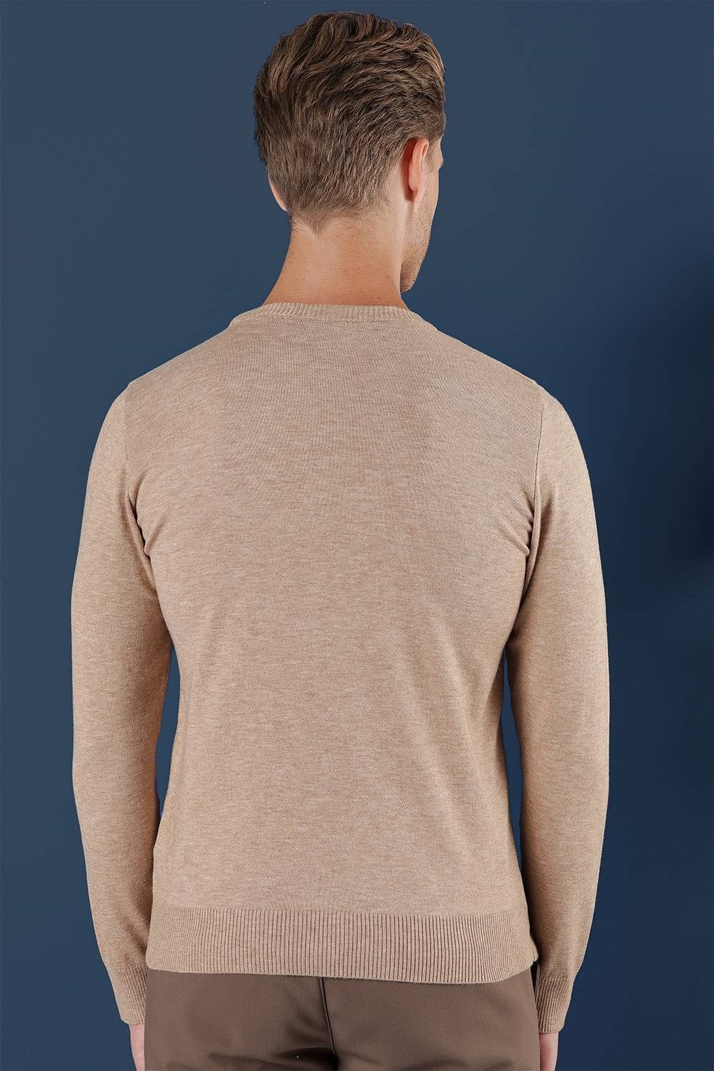 Slim Fit Ribanalı Düz Bej Yünlü Bisiklet Yaka Triko Kazak TR 858