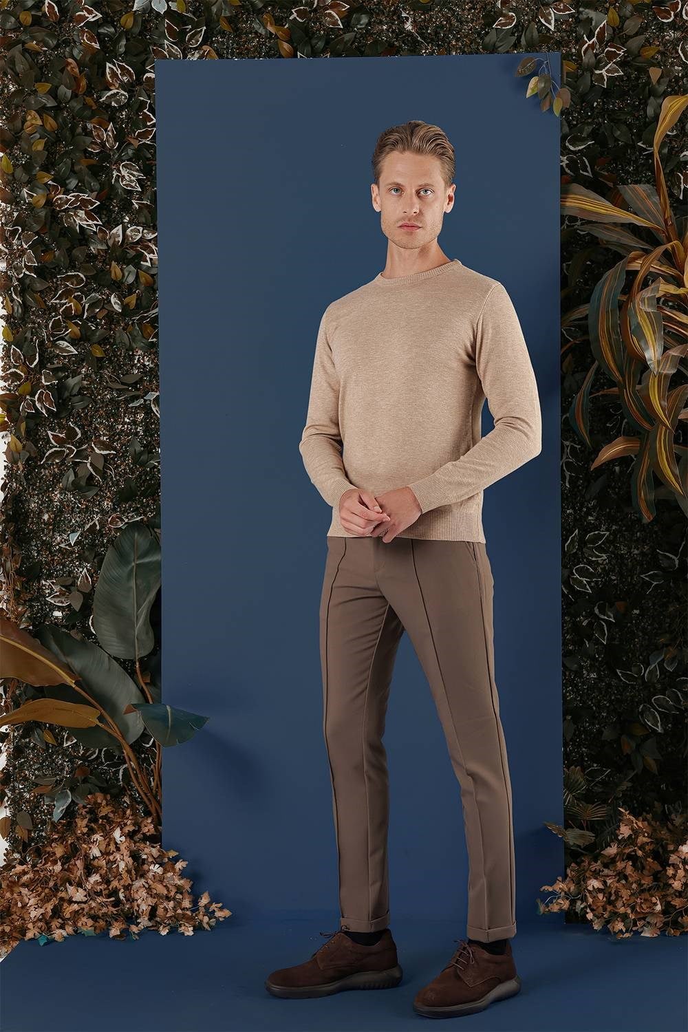 Slim Fit Ribanalı Düz Bej Yünlü Bisiklet Yaka Triko Kazak TR 858