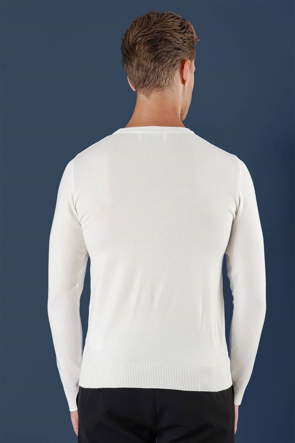 Slim Fit Ribanalı Düz Ekru Yünlü Bisiklet Yaka Triko Kazak TR 858