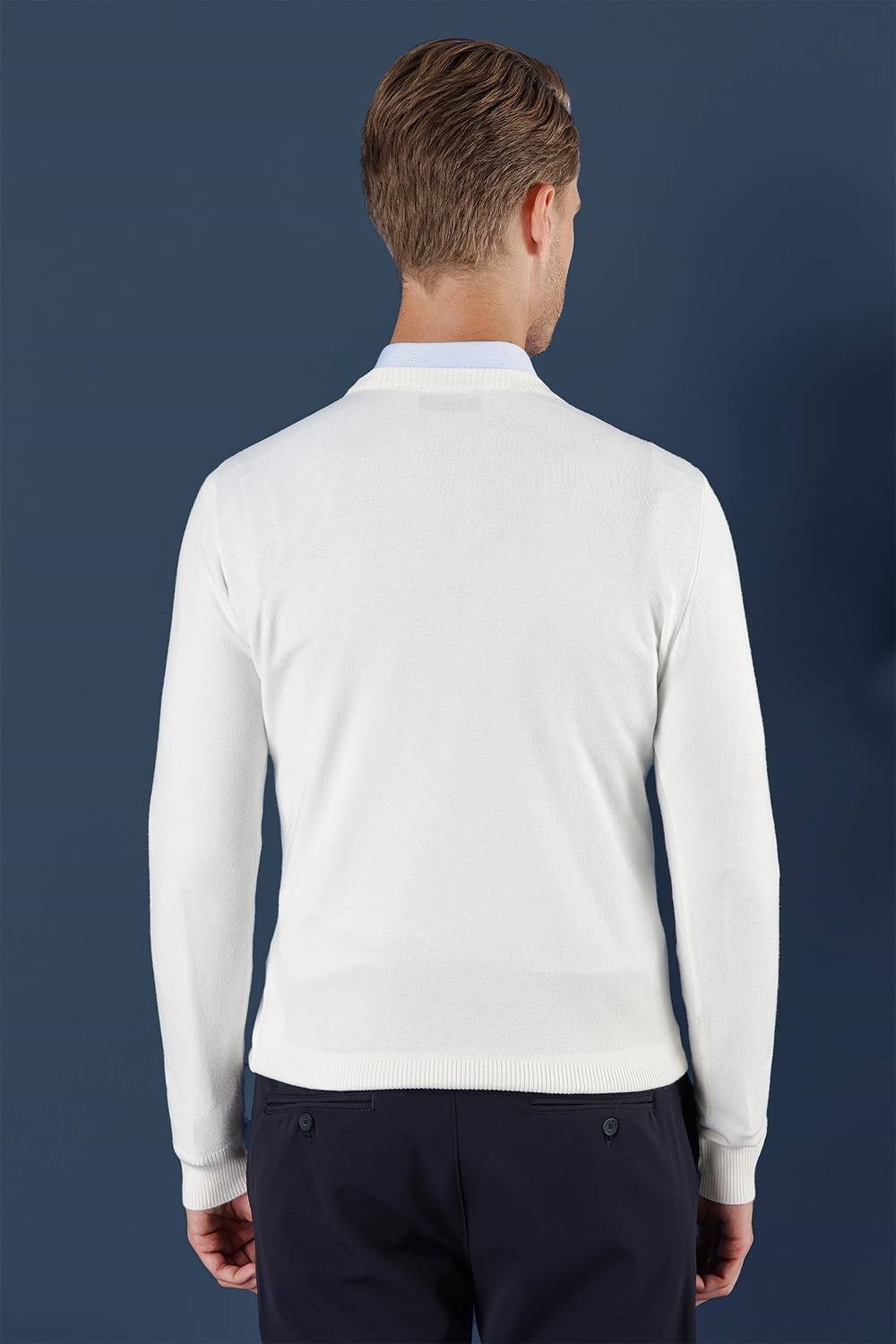 Slim Fit Ribanalı Düz Ekru Yünlü Bisiklet Yaka Triko Kazak TR 858
