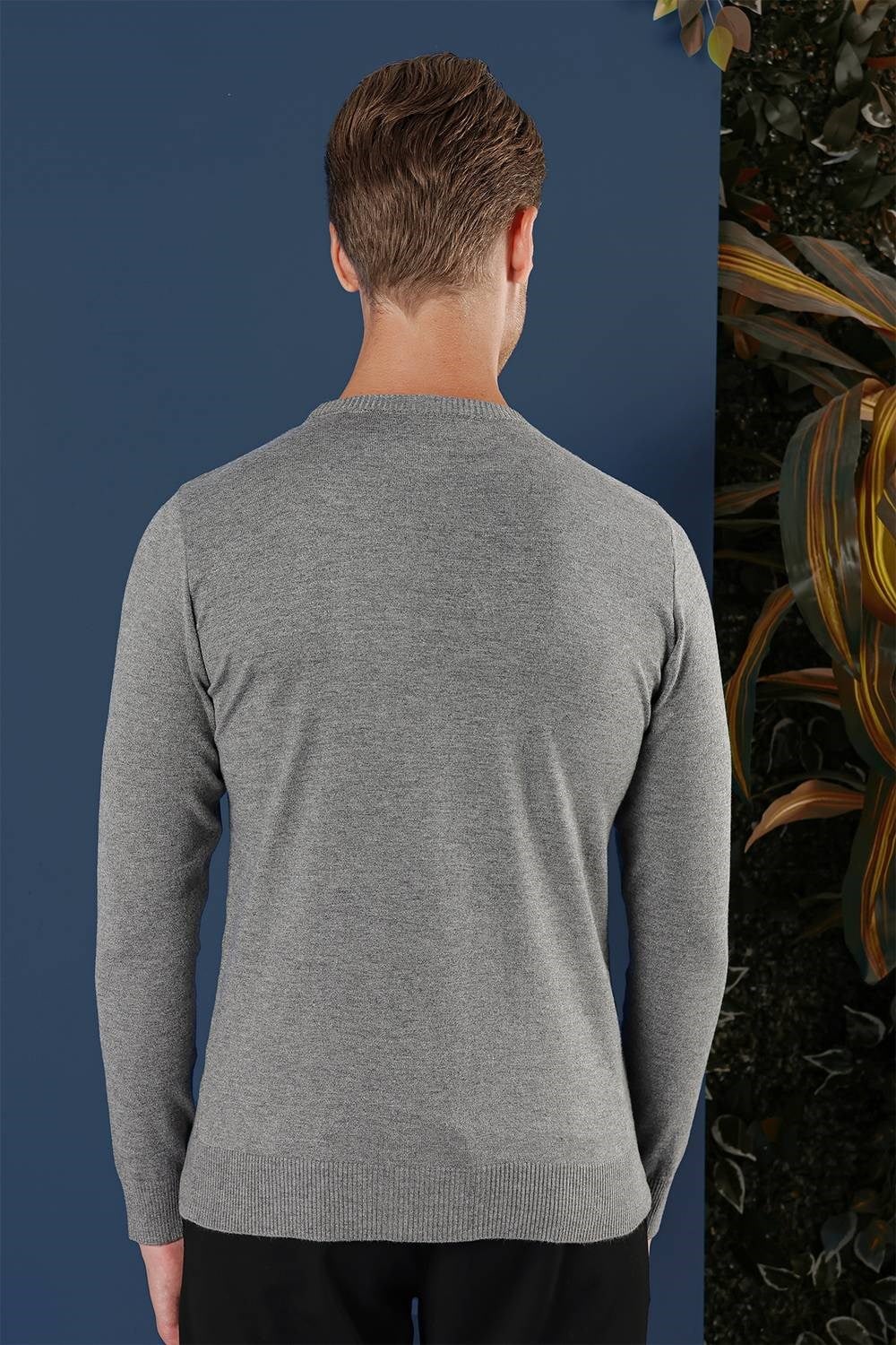 Slim Fit Ribanalı Düz Gri Yünlü Bisiklet Yaka Triko Kazak TR 858