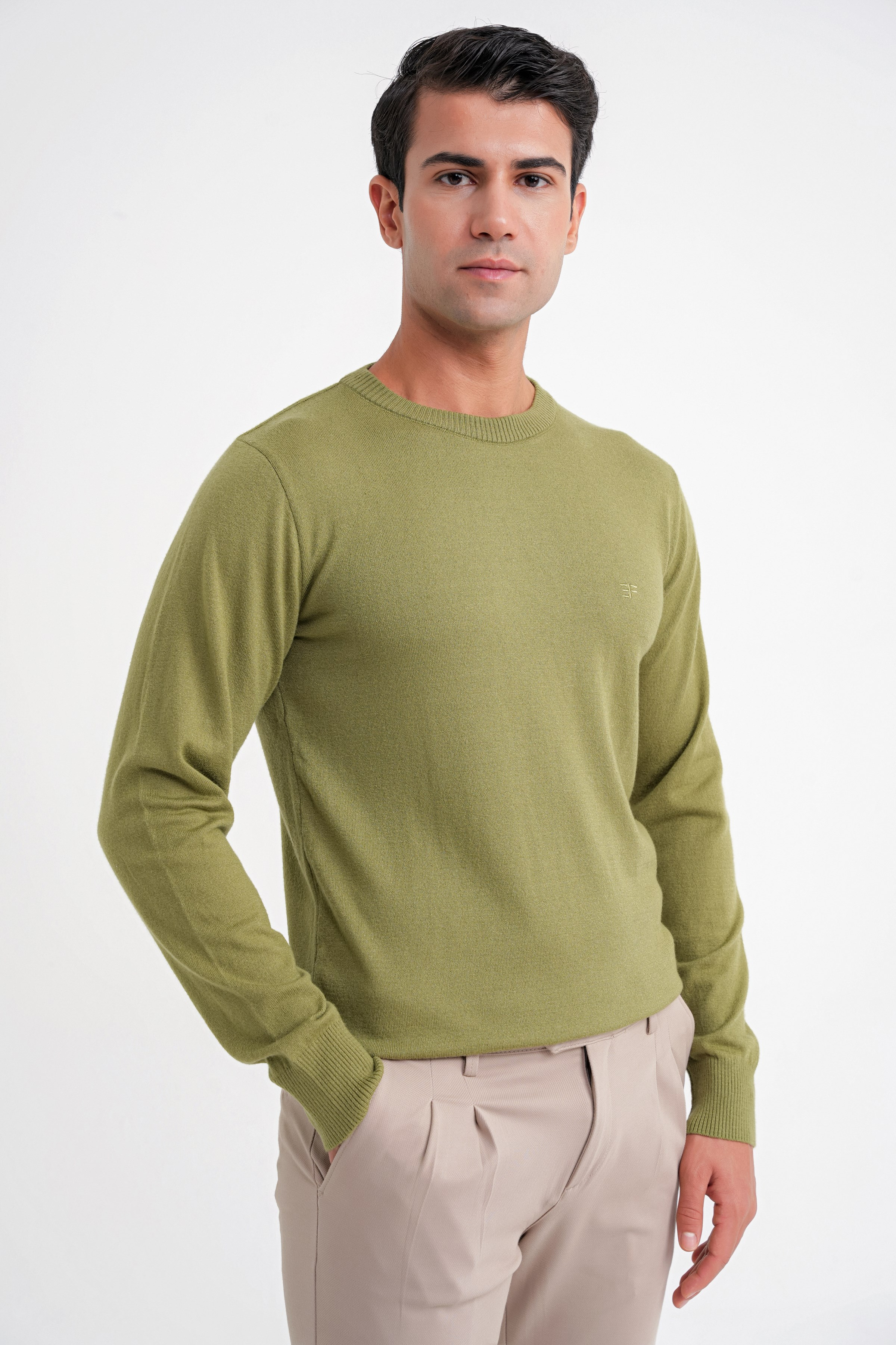 Slim Fit Ribanalı Düz Haki Yünlü Bisiklet Yaka Triko Kazak TR 900