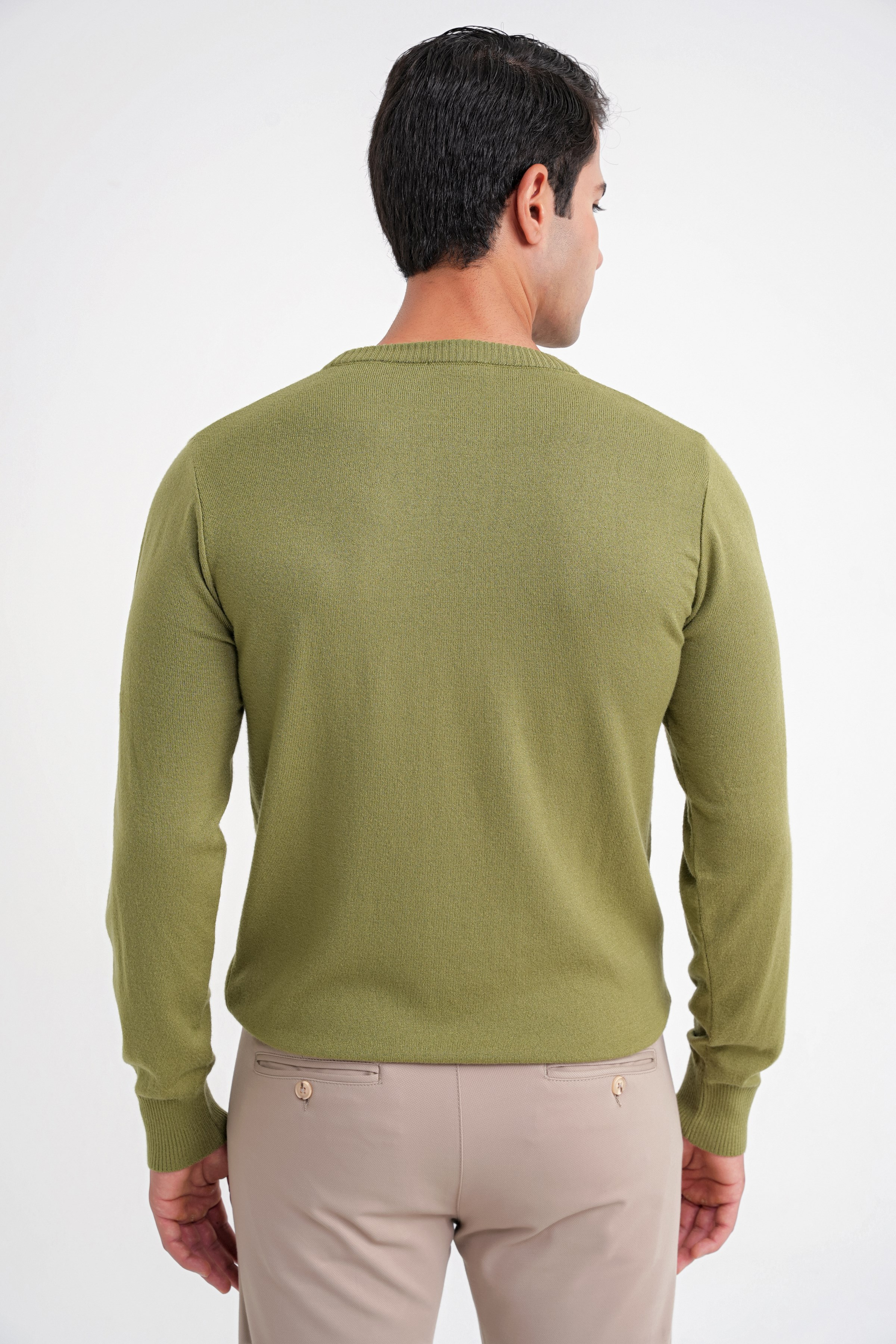 Slim Fit Ribanalı Düz Haki Yünlü Bisiklet Yaka Triko Kazak TR 900