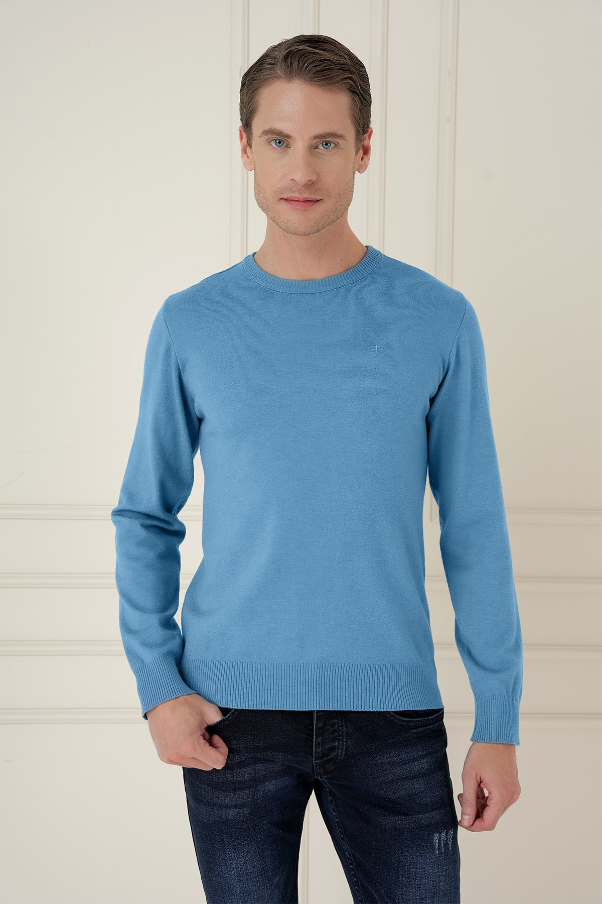 Slim Fit Ribanalı Düz Havacı Mavi Yünlü Bisiklet Yaka Triko Kazak TR 900