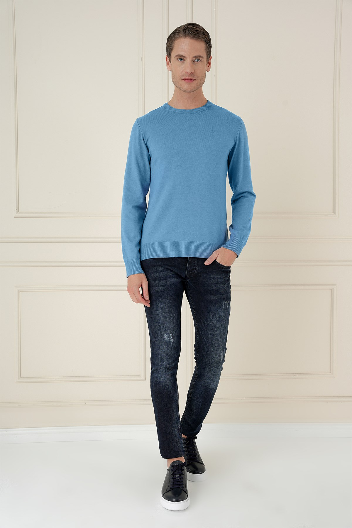 Slim Fit Ribanalı Düz Havacı Mavi Yünlü Bisiklet Yaka Triko Kazak TR 900
