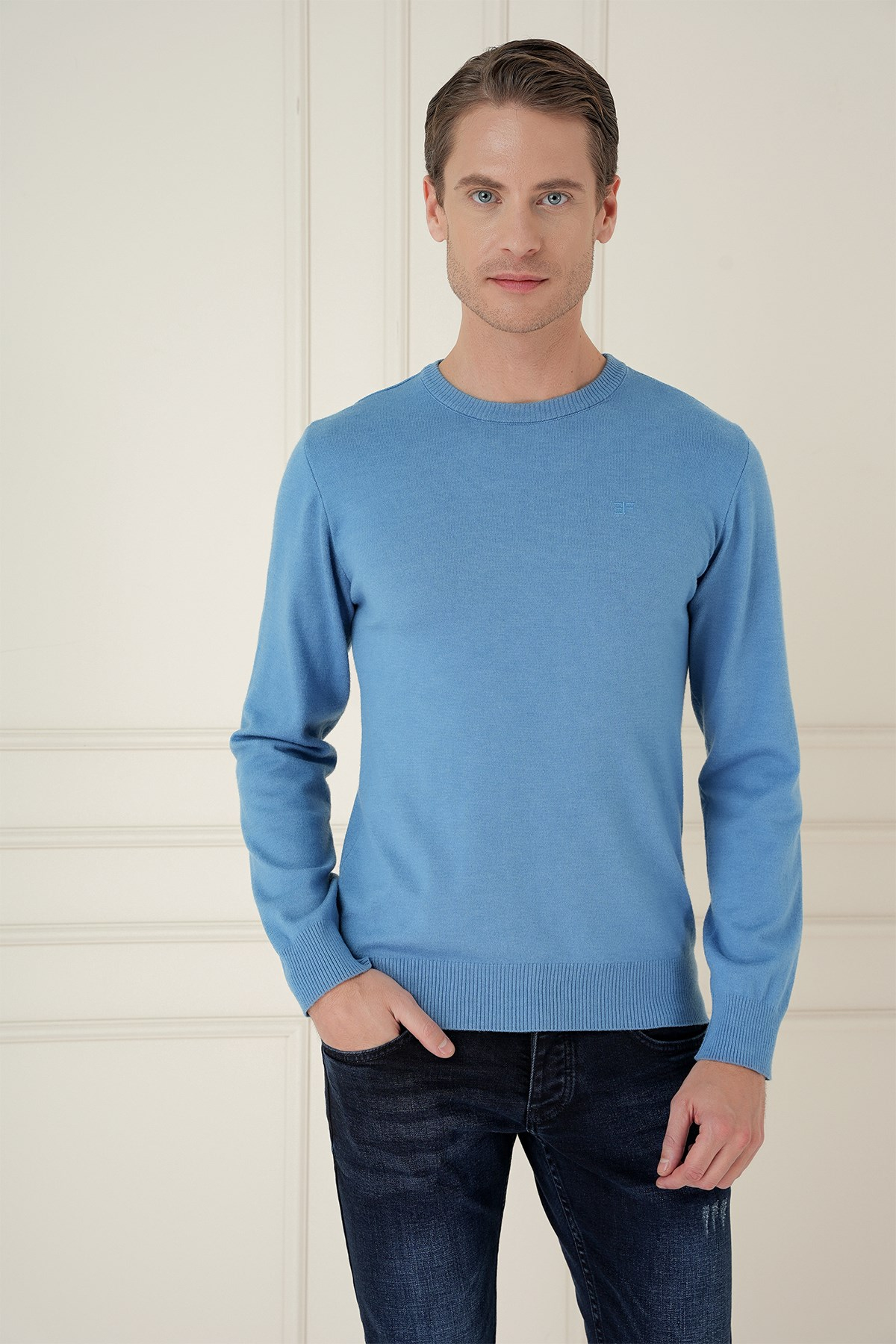 Slim Fit Ribanalı Düz Havacı Mavi Yünlü Bisiklet Yaka Triko Kazak TR 900