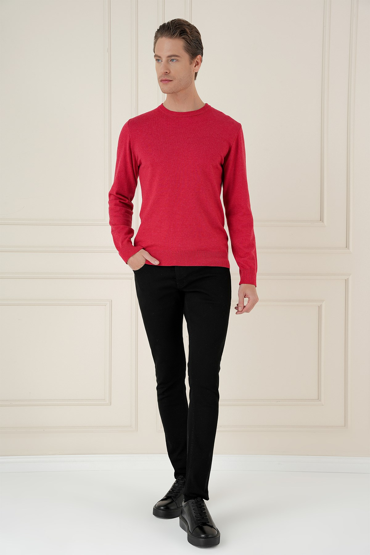 Slim Fit Ribanalı Düz Kırmızı Yünlü Bisiklet Yaka Triko Kazak TR 900