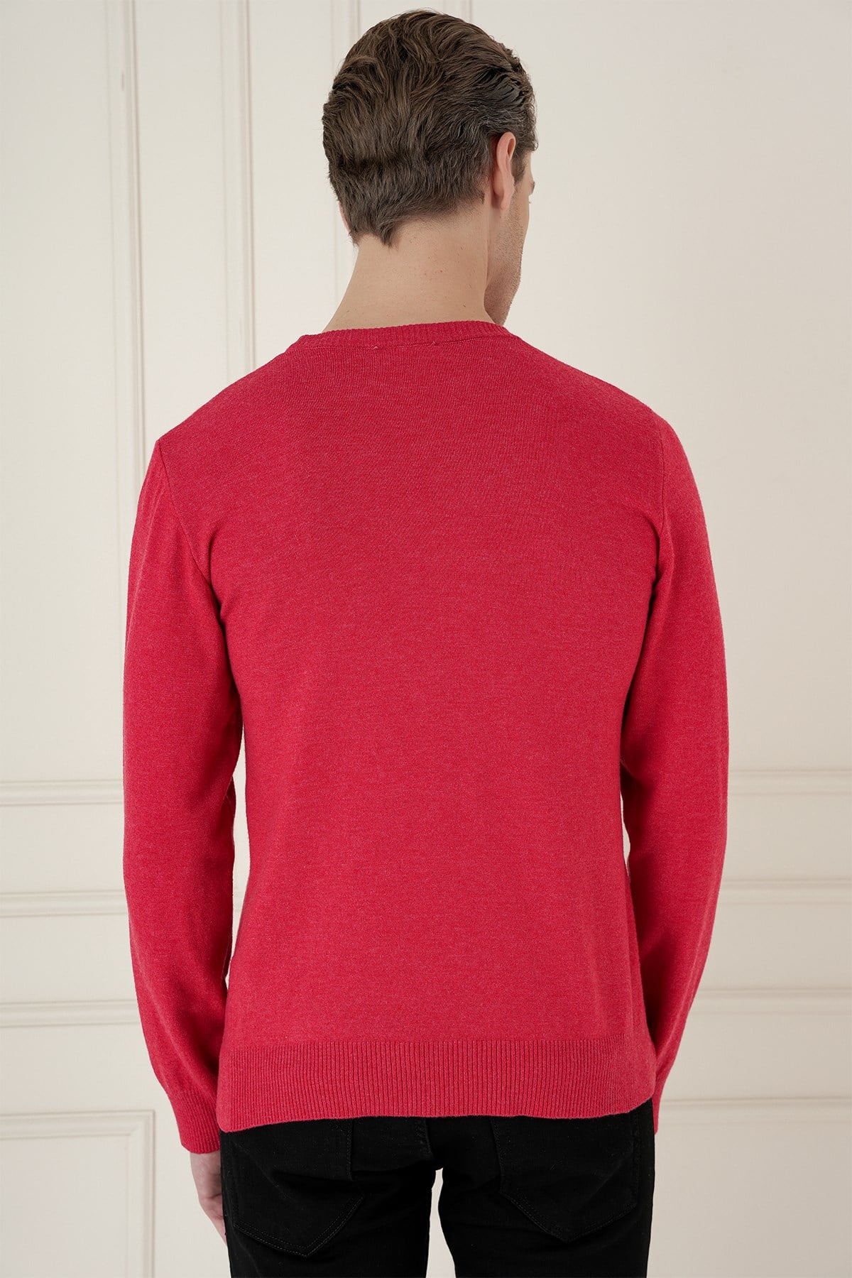 Slim Fit Ribanalı Düz Kırmızı Yünlü Bisiklet Yaka Triko Kazak TR 900