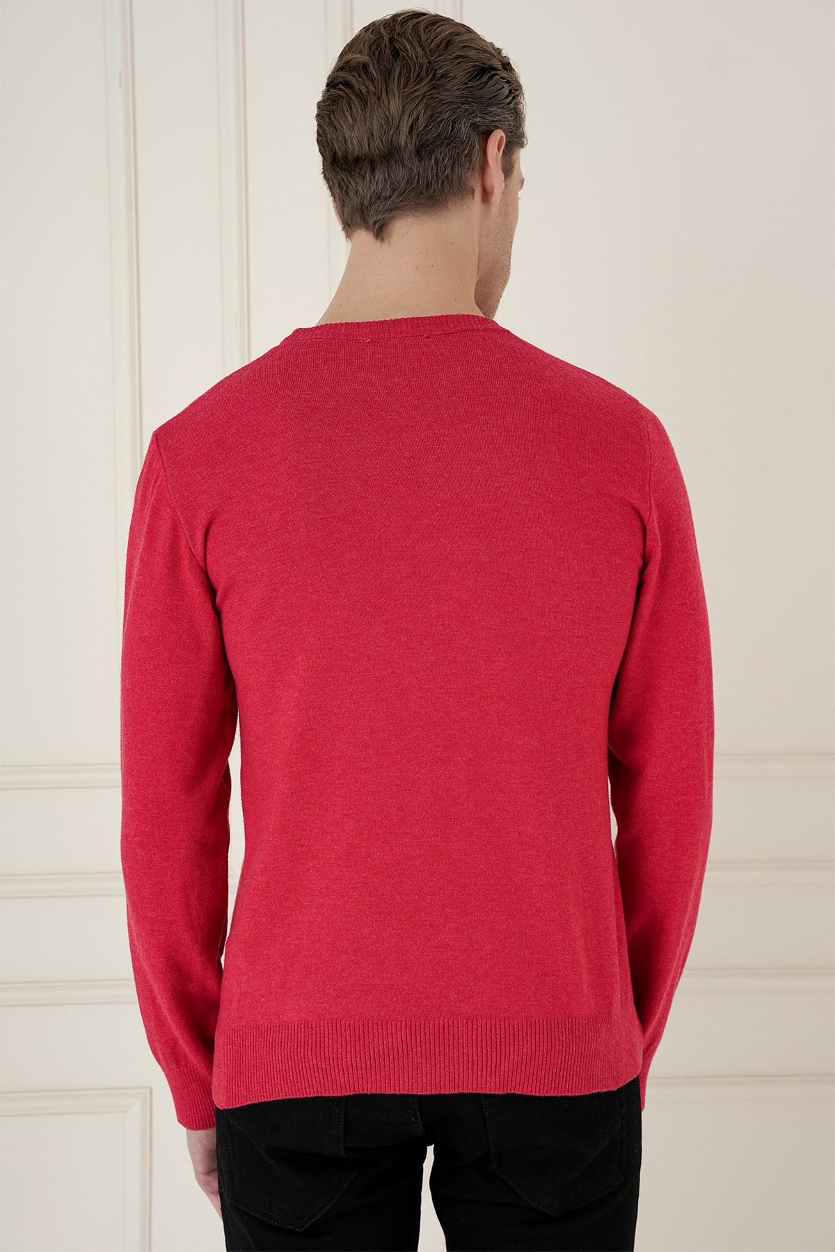 Slim Fit Ribanalı Düz Kırmızı Yünlü Bisiklet Yaka Triko Kazak TR 875