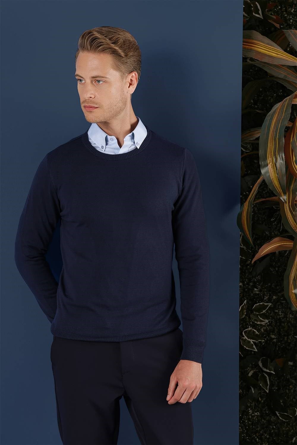 Slim Fit Ribanalı Düz Lacivert Yünlü Bisiklet Yaka Triko Kazak TR 858