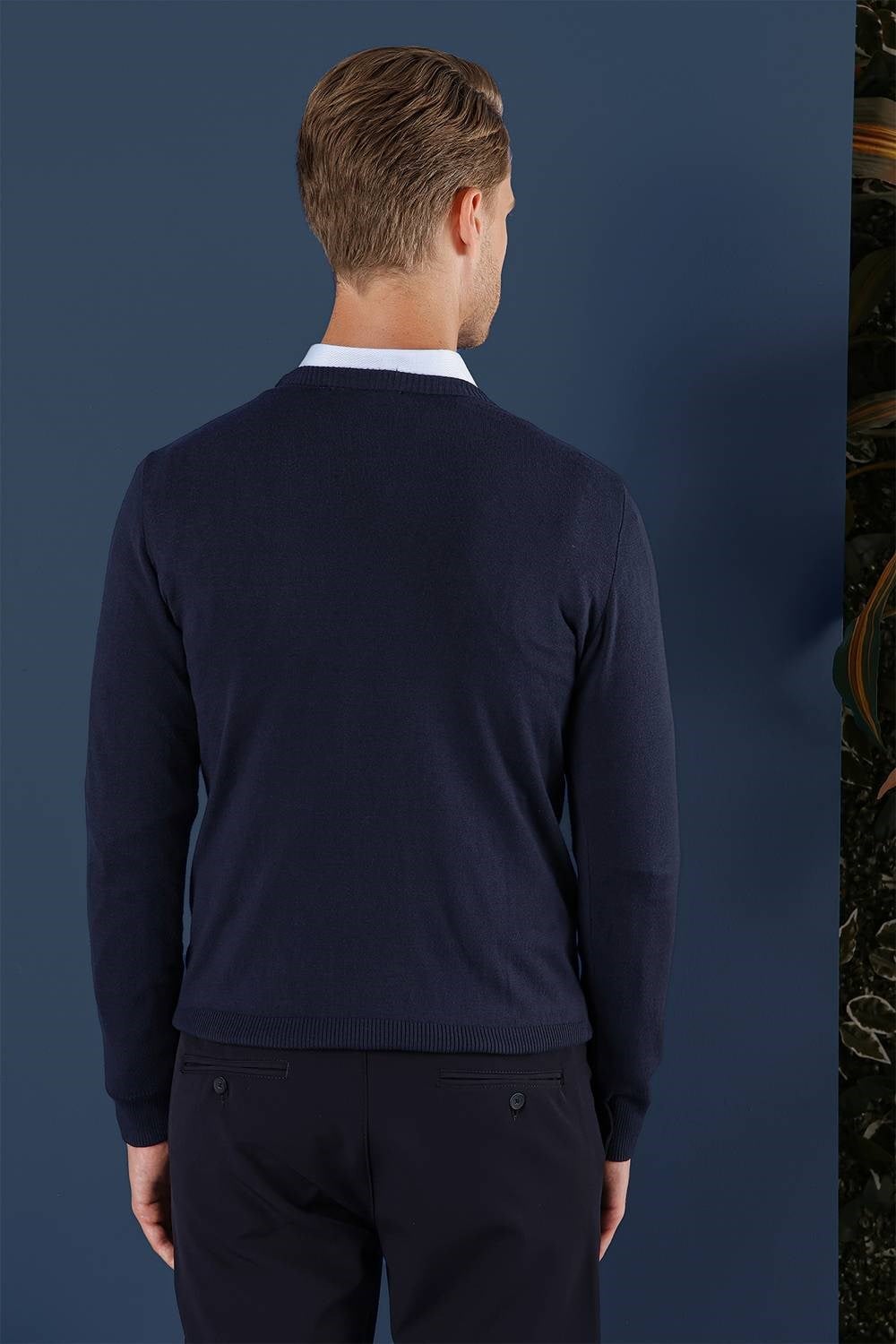 Slim Fit Ribanalı Düz Lacivert Yünlü Bisiklet Yaka Triko Kazak TR 858