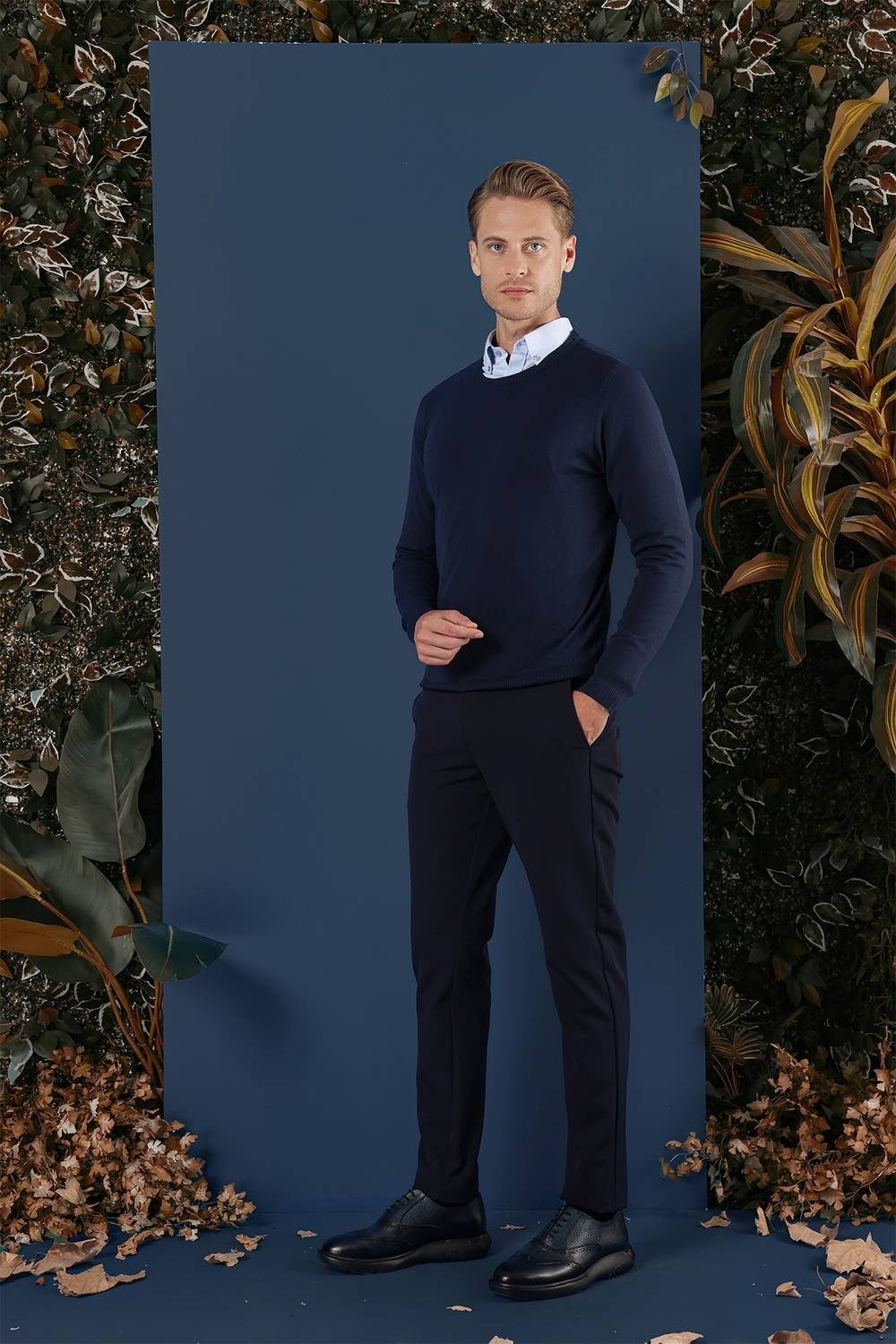 Slim Fit Ribanalı Düz Lacivert Yünlü Bisiklet Yaka Triko Kazak TR 858