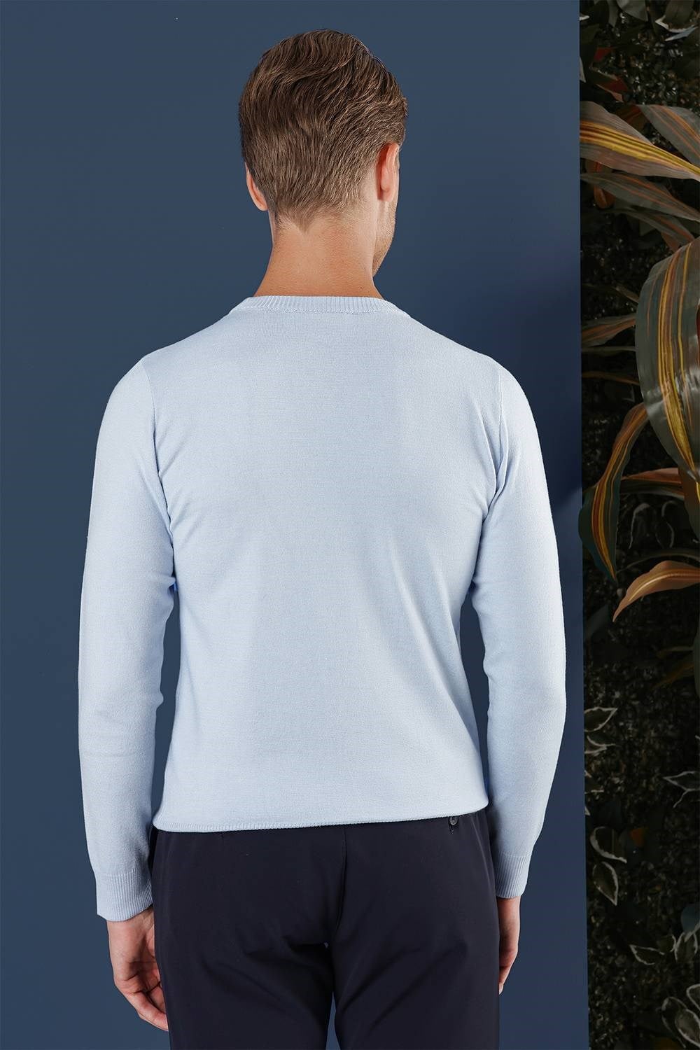 Slim Fit Ribanalı Düz Mavi Yünlü Bisiklet Yaka Triko Kazak TR 858