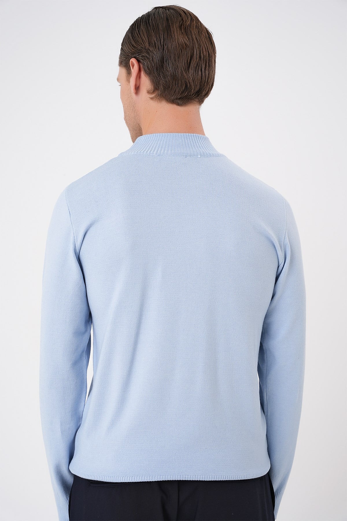 Slim Fit Ribanalı Düz Mavi Yünlü Yarım Balıkçı Triko Kazak TR 876