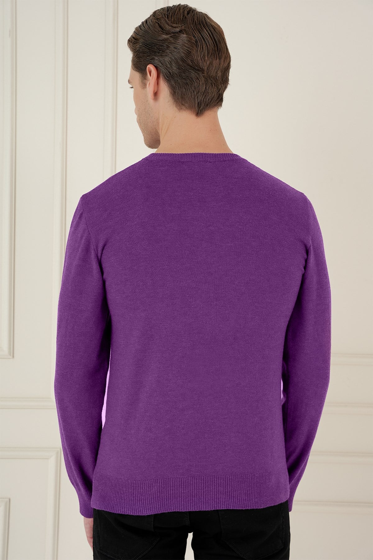 Slim Fit Ribanalı Düz Mor Yünlü Bisiklet Yaka Triko Kazak TR 875