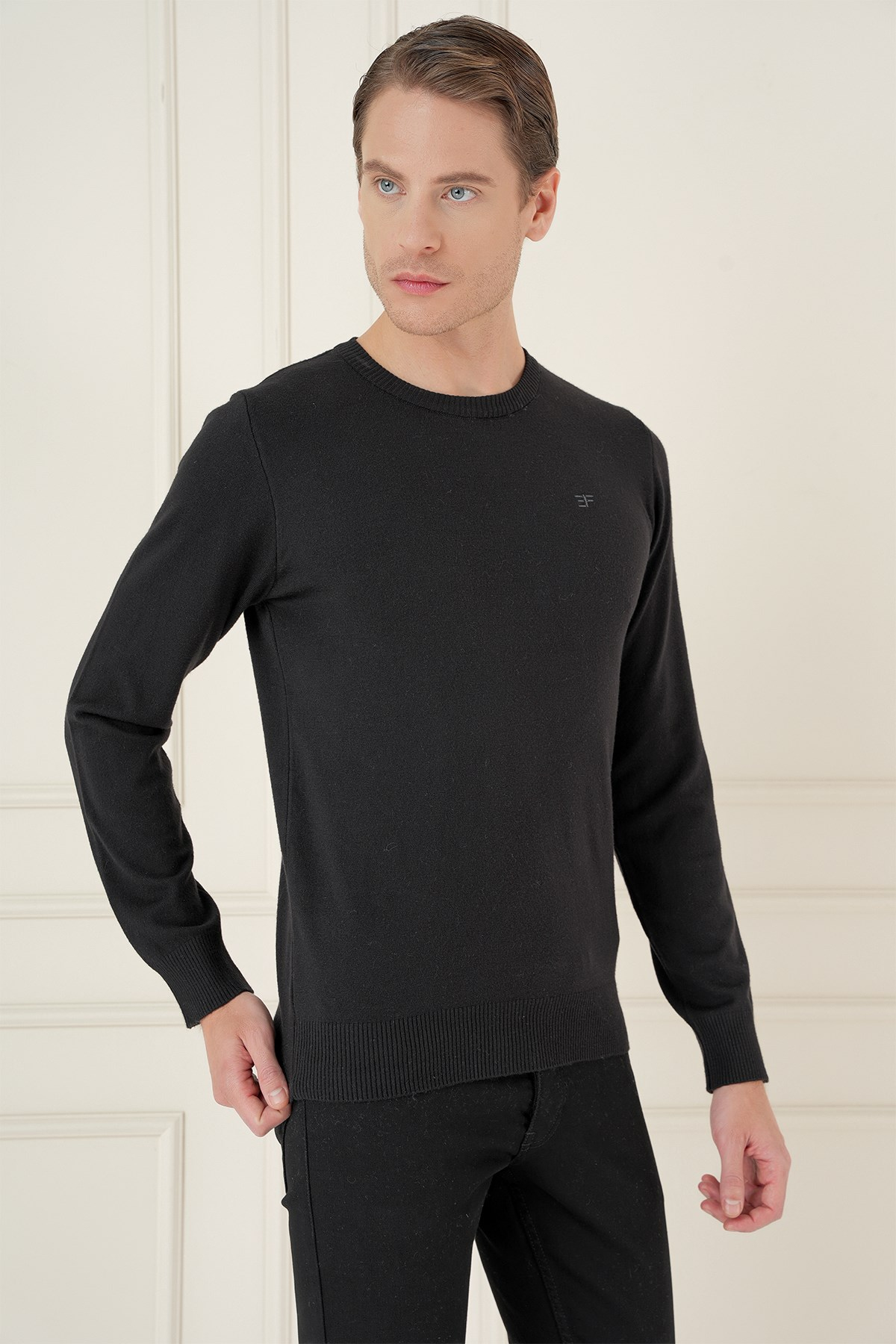 Slim Fit Ribanalı Düz Siyah Yünlü Bisiklet Yaka Triko Kazak TR 900
