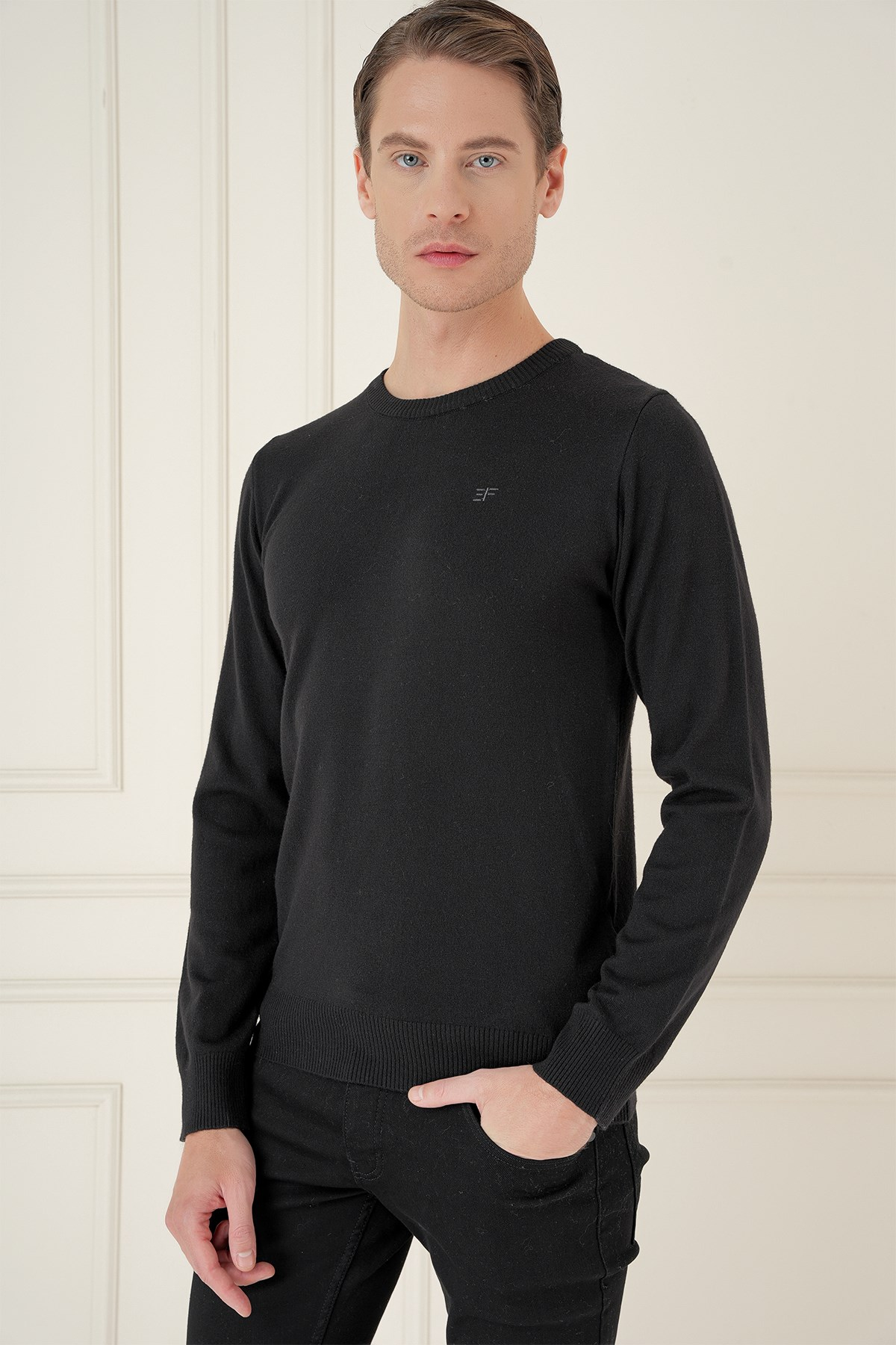Slim Fit Ribanalı Düz Siyah Yünlü Bisiklet Yaka Triko Kazak TR 900