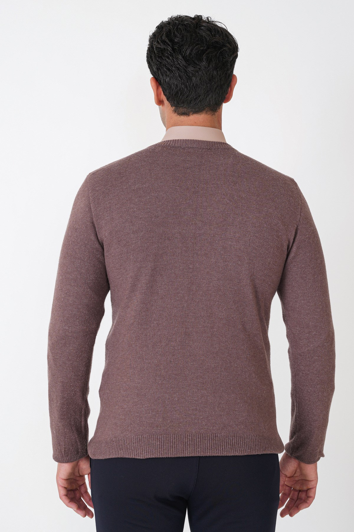 Slim Fit Ribanalı Düz Sütlü Kahve Yünlü Bisiklet Yaka Triko Kazak TR 900