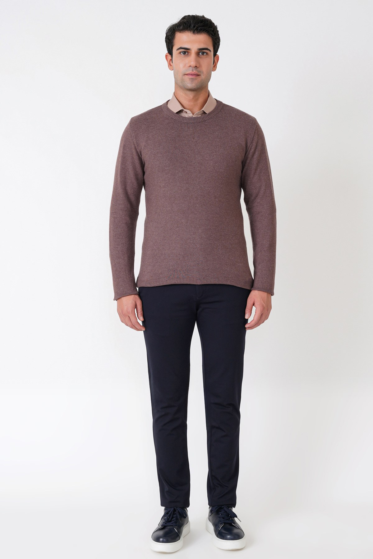Slim Fit Ribanalı Düz Sütlü Kahve Yünlü Bisiklet Yaka Triko Kazak TR 900