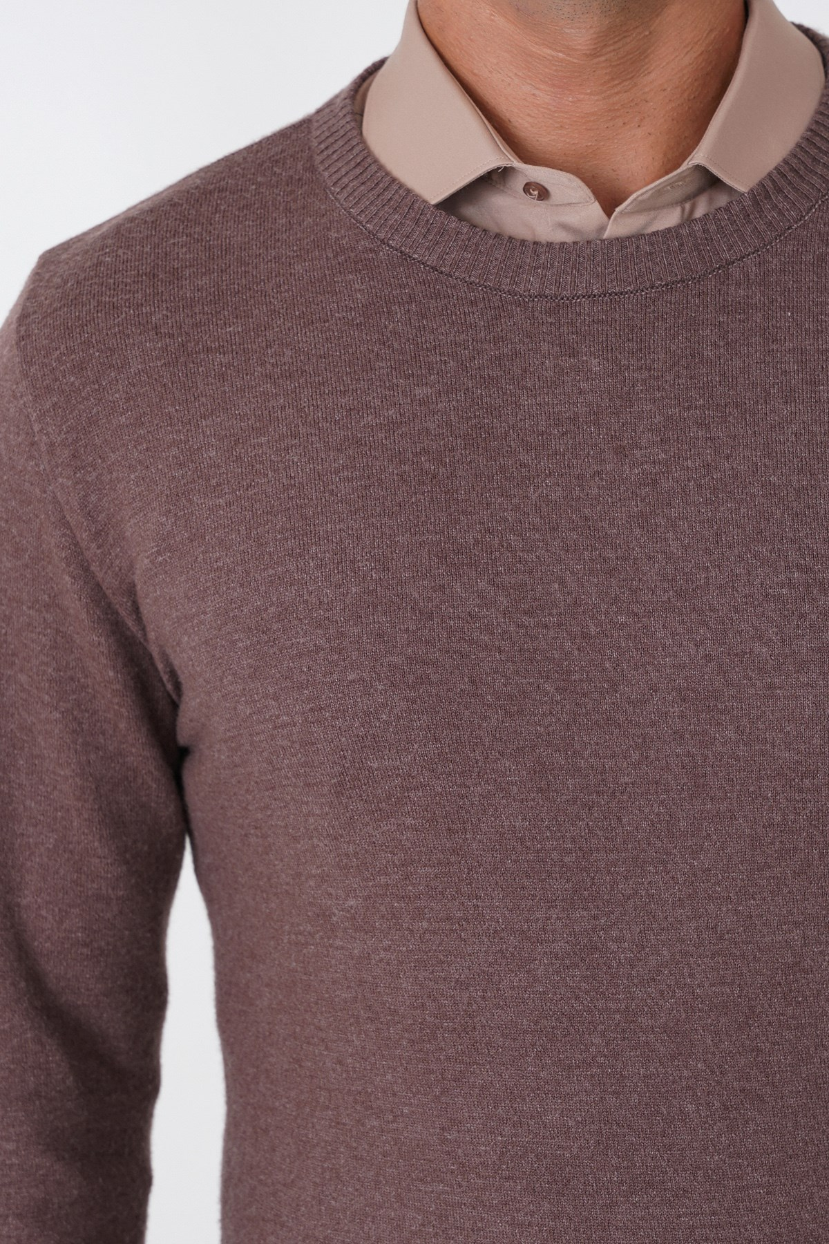 Slim Fit Ribanalı Düz Sütlü Kahve Yünlü Bisiklet Yaka Triko Kazak TR 900