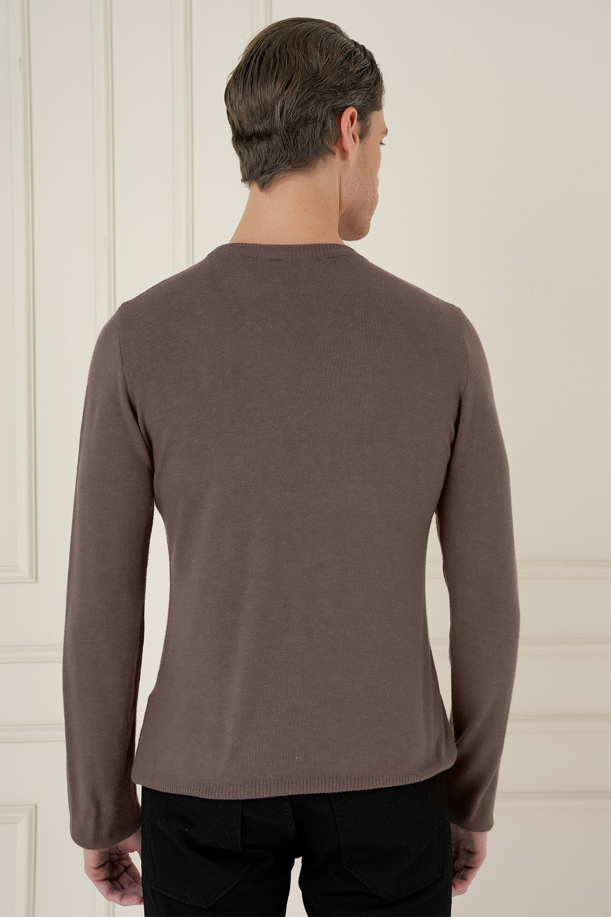 Slim Fit Ribanalı Düz Vizon Yünlü Bisiklet Yaka Triko Kazak TR 900
