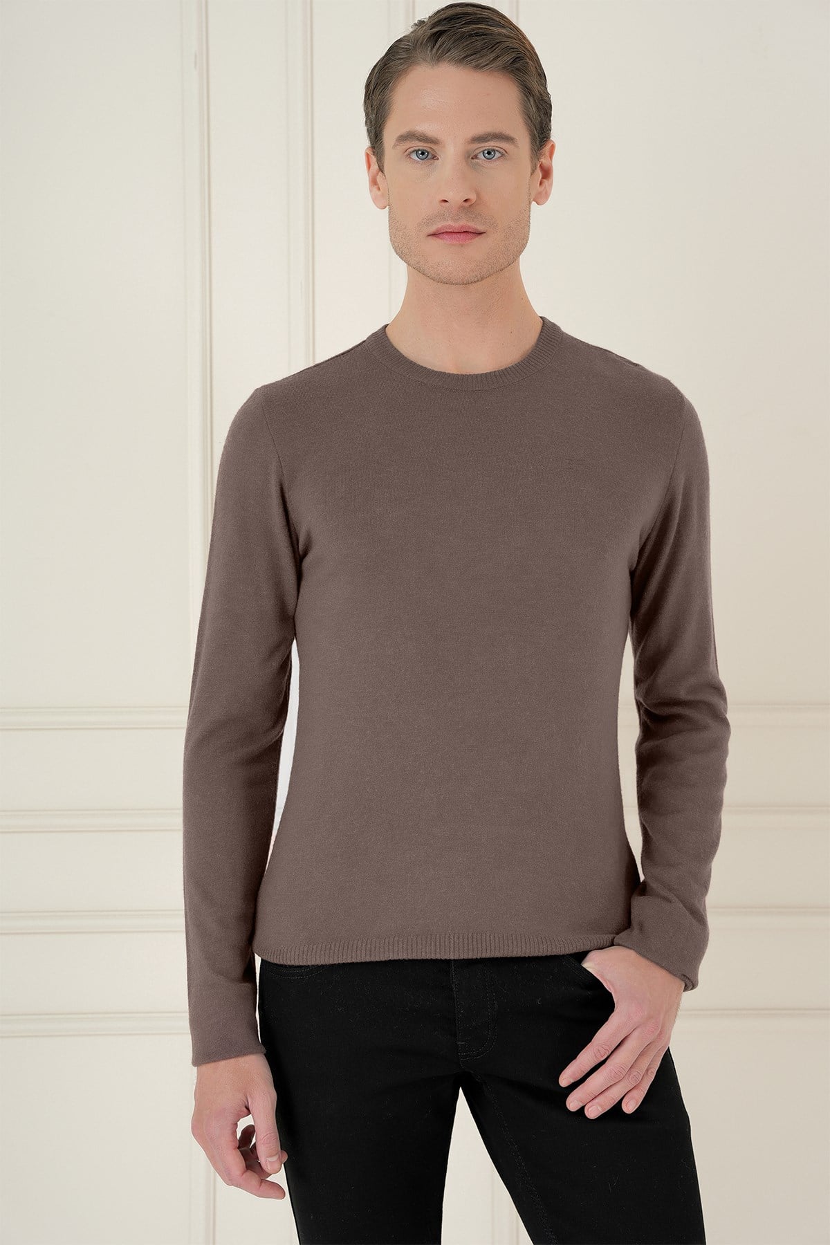 Slim Fit Ribanalı Düz Vizon Yünlü Bisiklet Yaka Triko Kazak TR 875