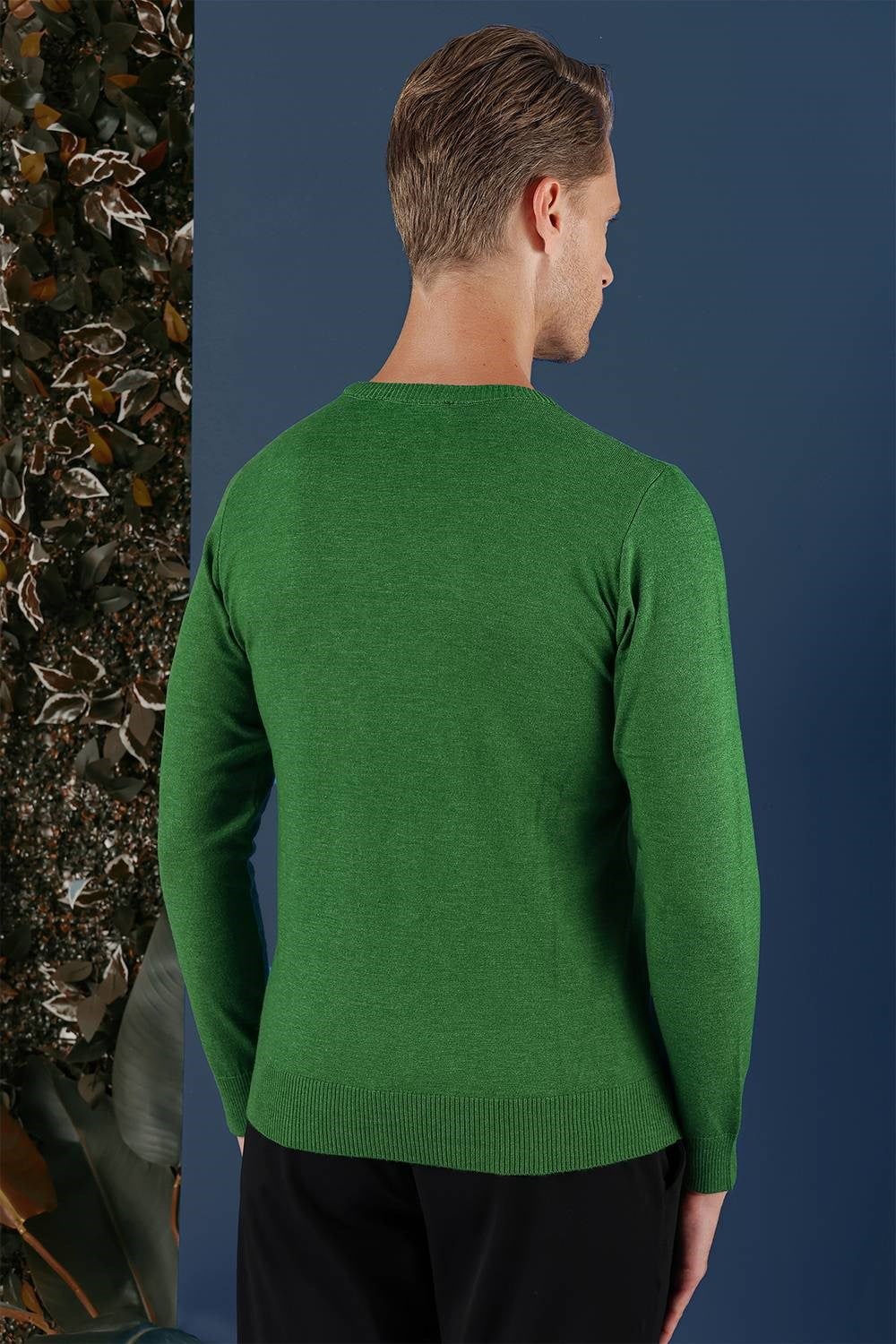 Slim Fit Ribanalı Düz Yeşil Yünlü Bisiklet Yaka Triko Kazak TR 858