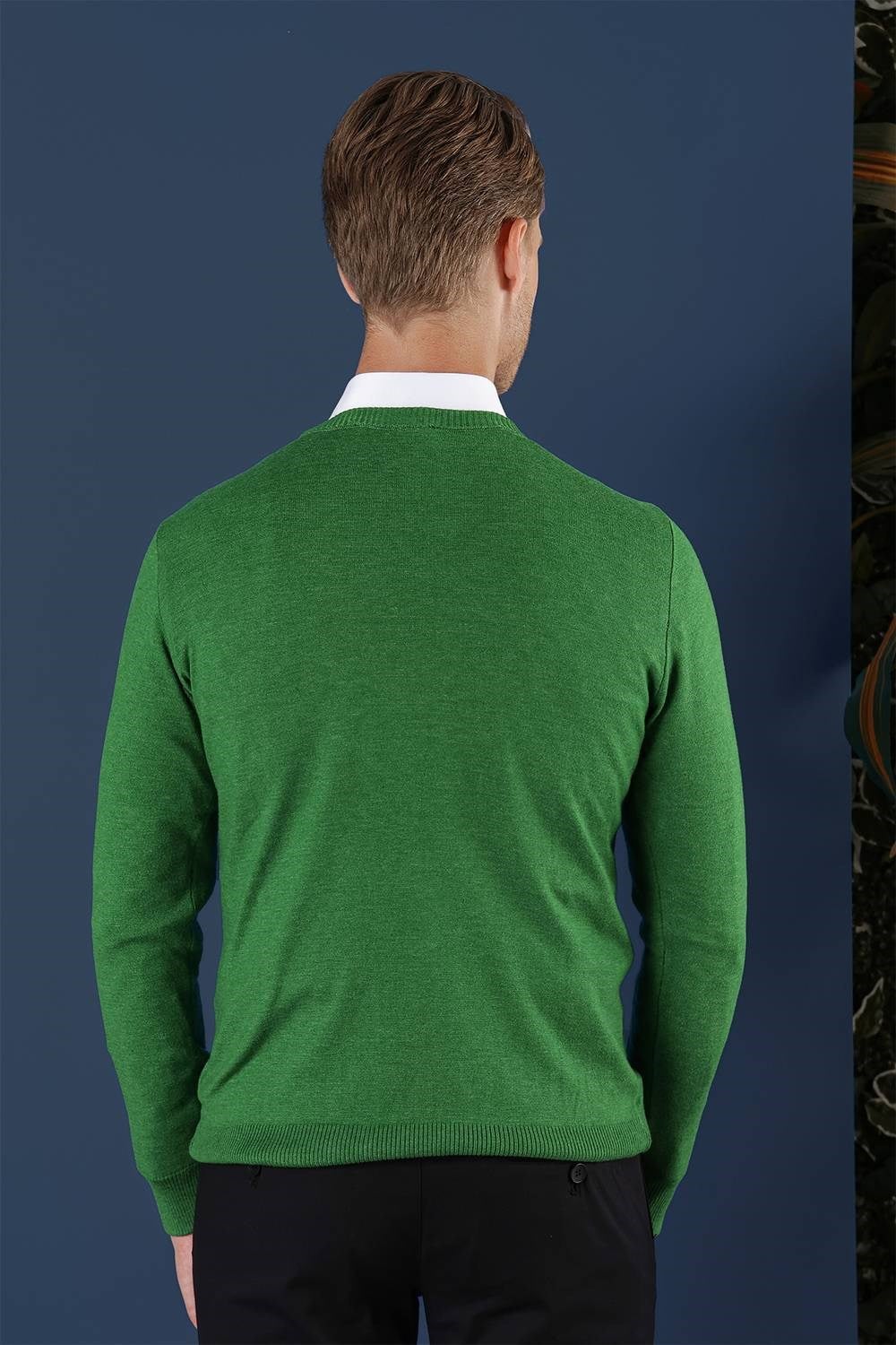 Slim Fit Ribanalı Düz Yeşil Yünlü Bisiklet Yaka Triko Kazak TR 858