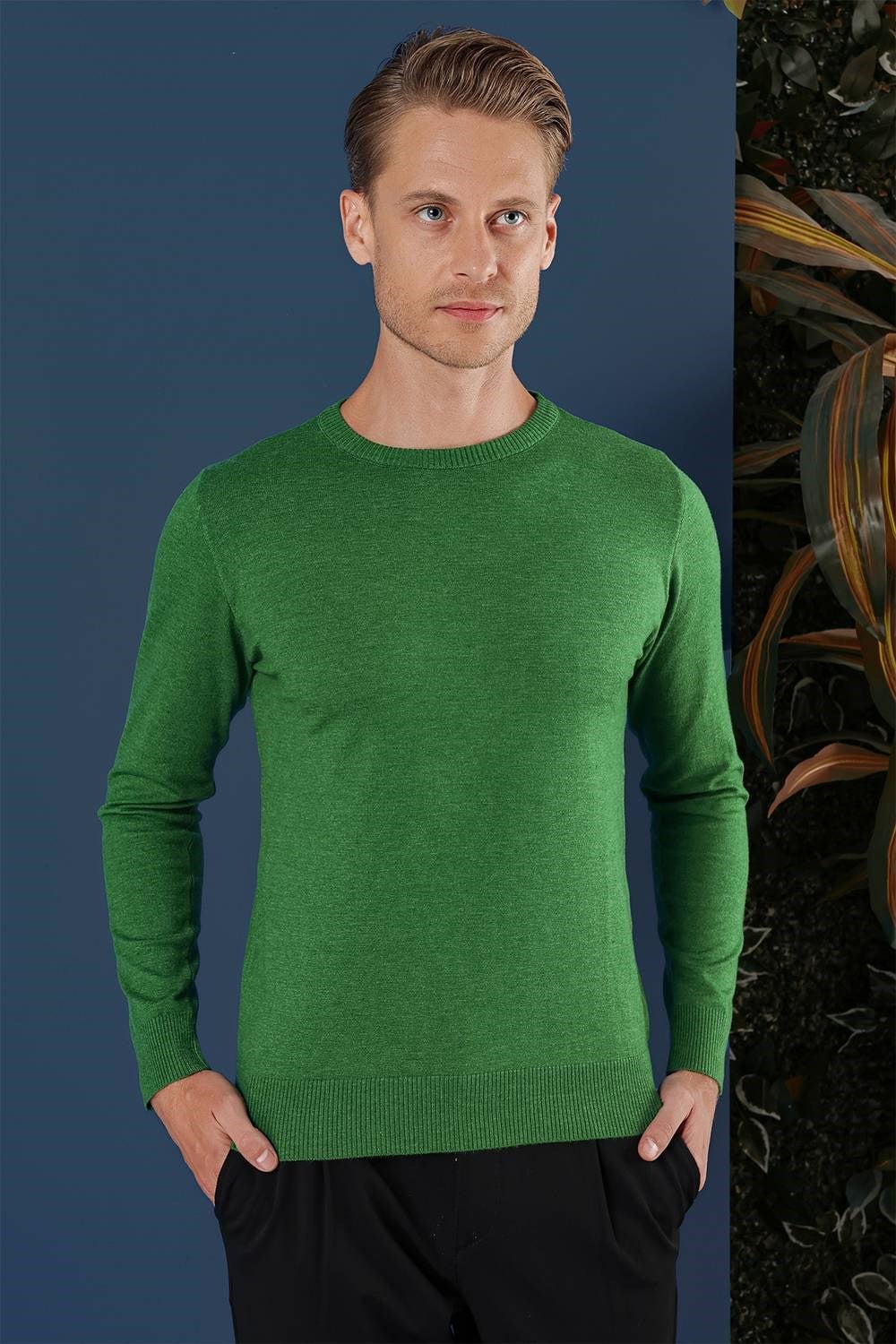 Slim Fit Ribanalı Düz Yeşil Yünlü Bisiklet Yaka Triko Kazak TR 858