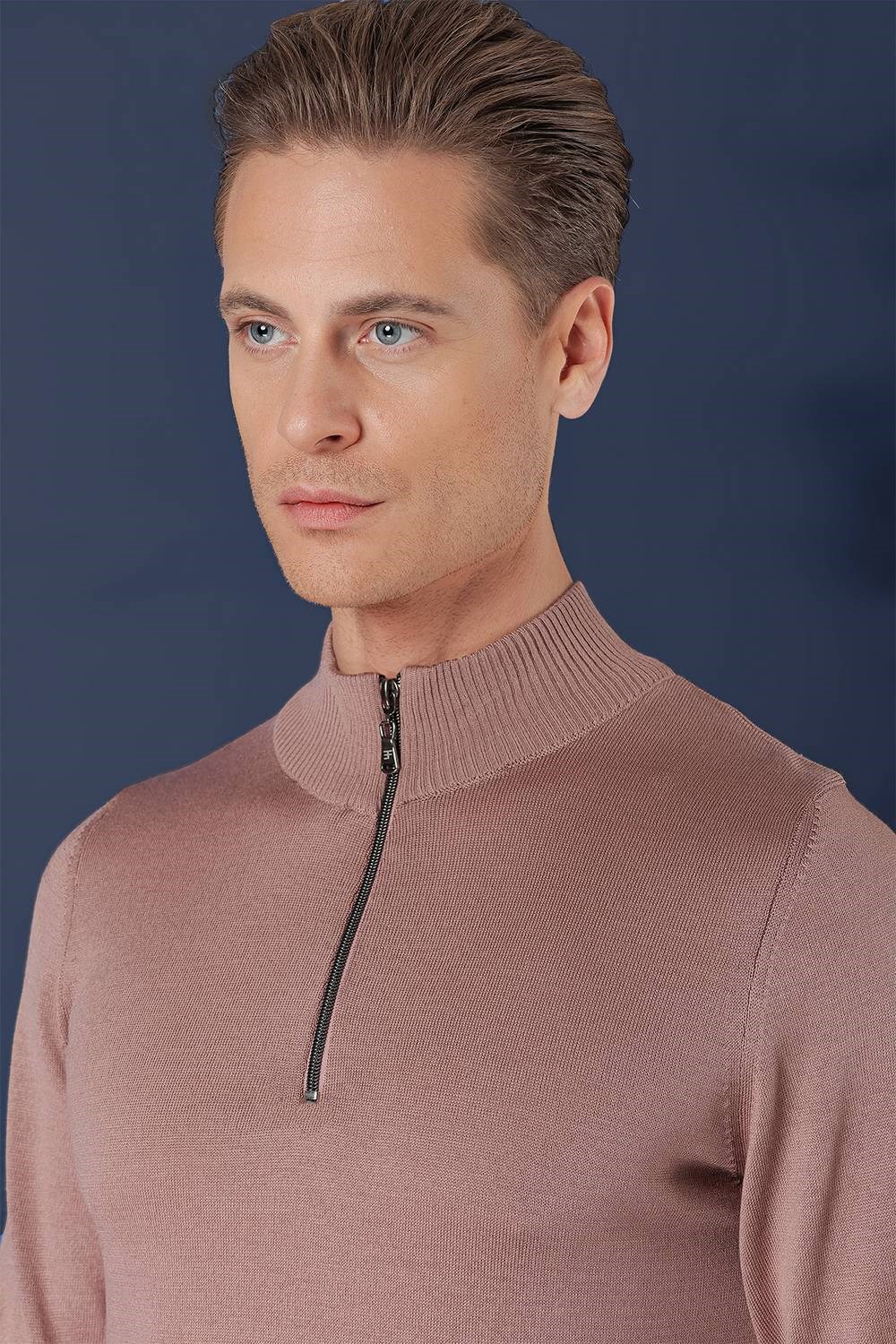 Slim Fit Ribanalı Fermuarlı Yarım Balıkçı Yünlü Gül Kurusu Triko Kazak TR 861