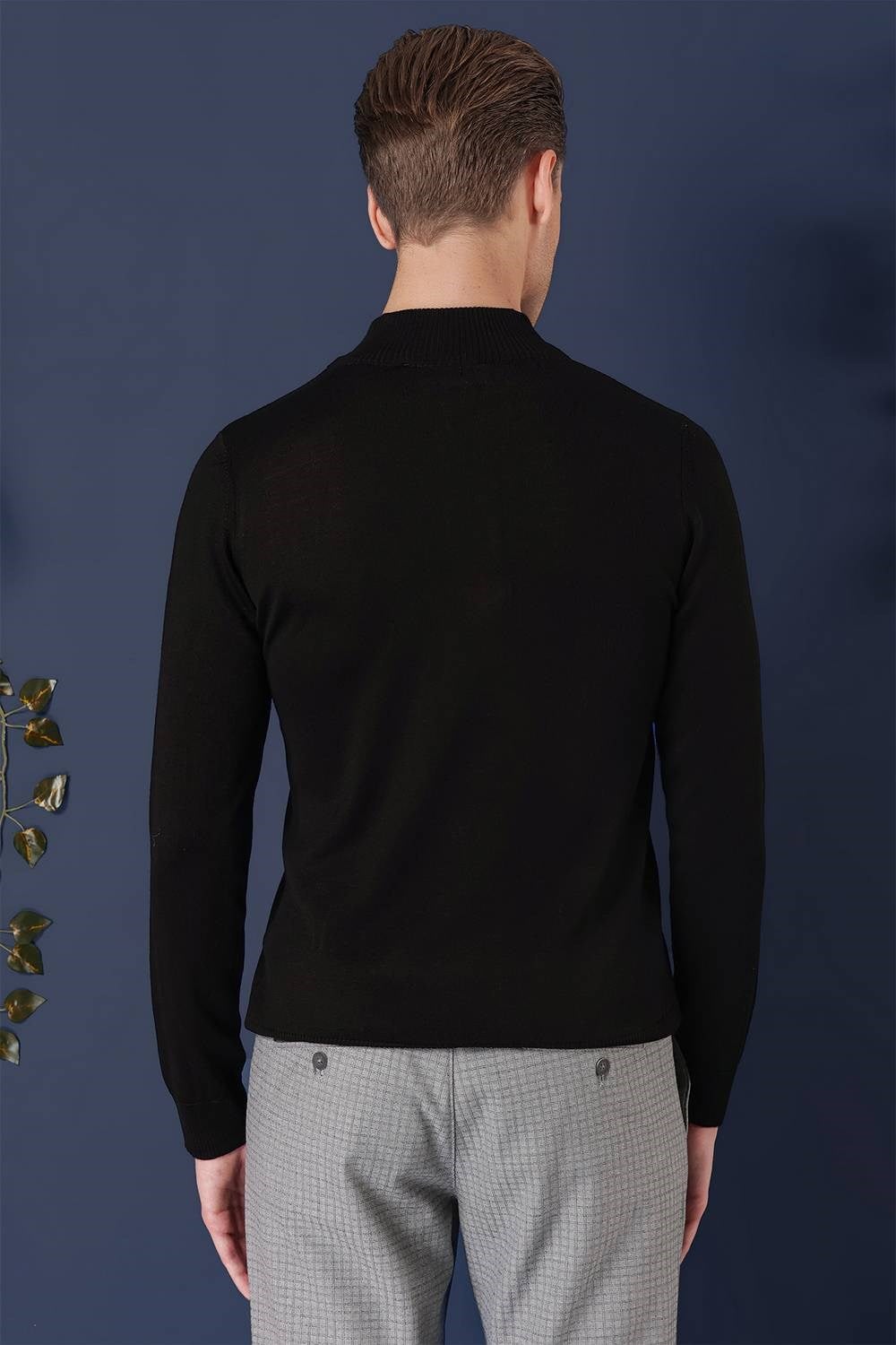 Slim Fit Ribanalı Fermuarlı Yarım Balıkçı Yünlü Siyah Triko Kazak TR 861
