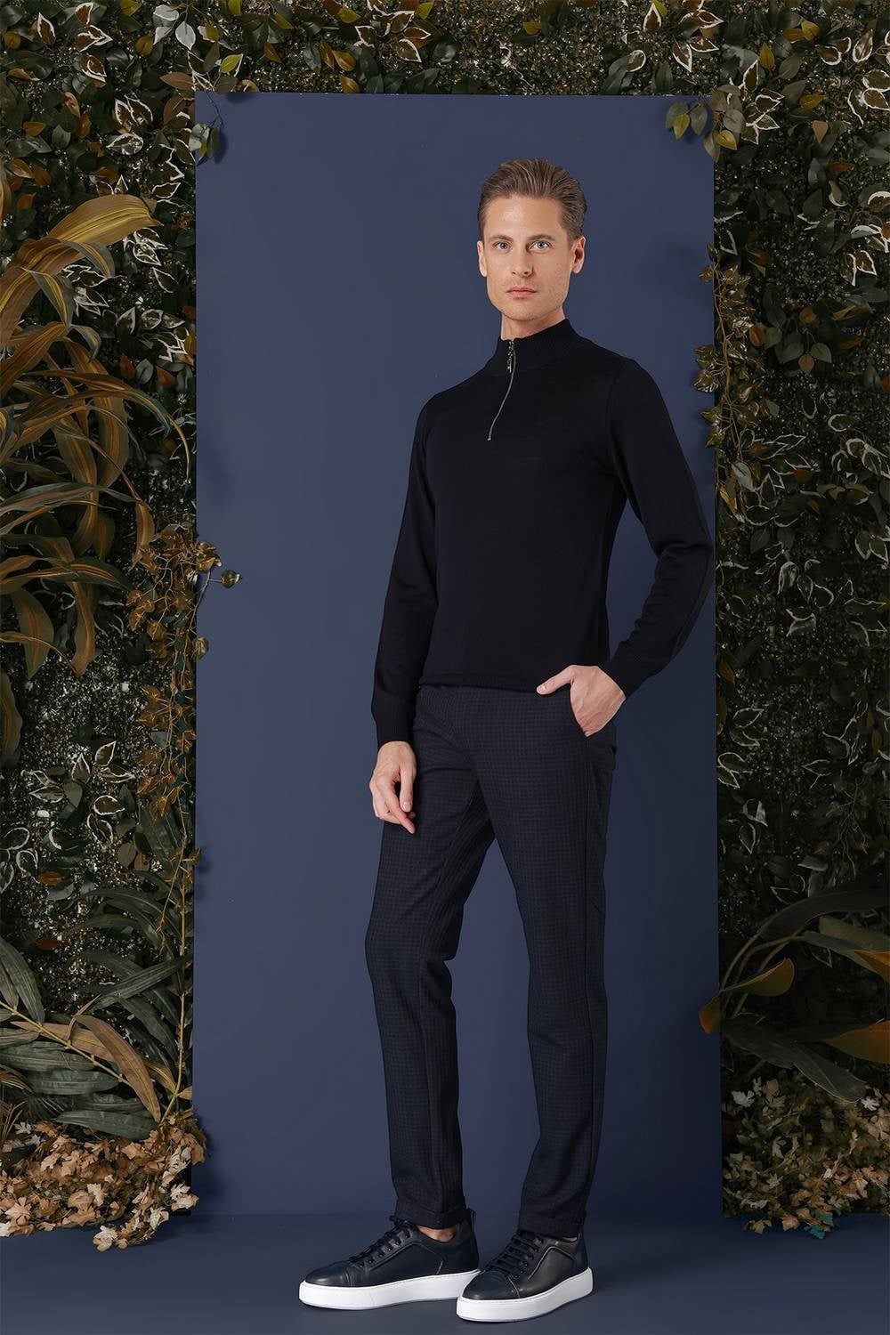 Slim Fit Ribanalı Fermuarlı Yarım Balıkçı Yünlü Lacivert Triko Kazak TR 861